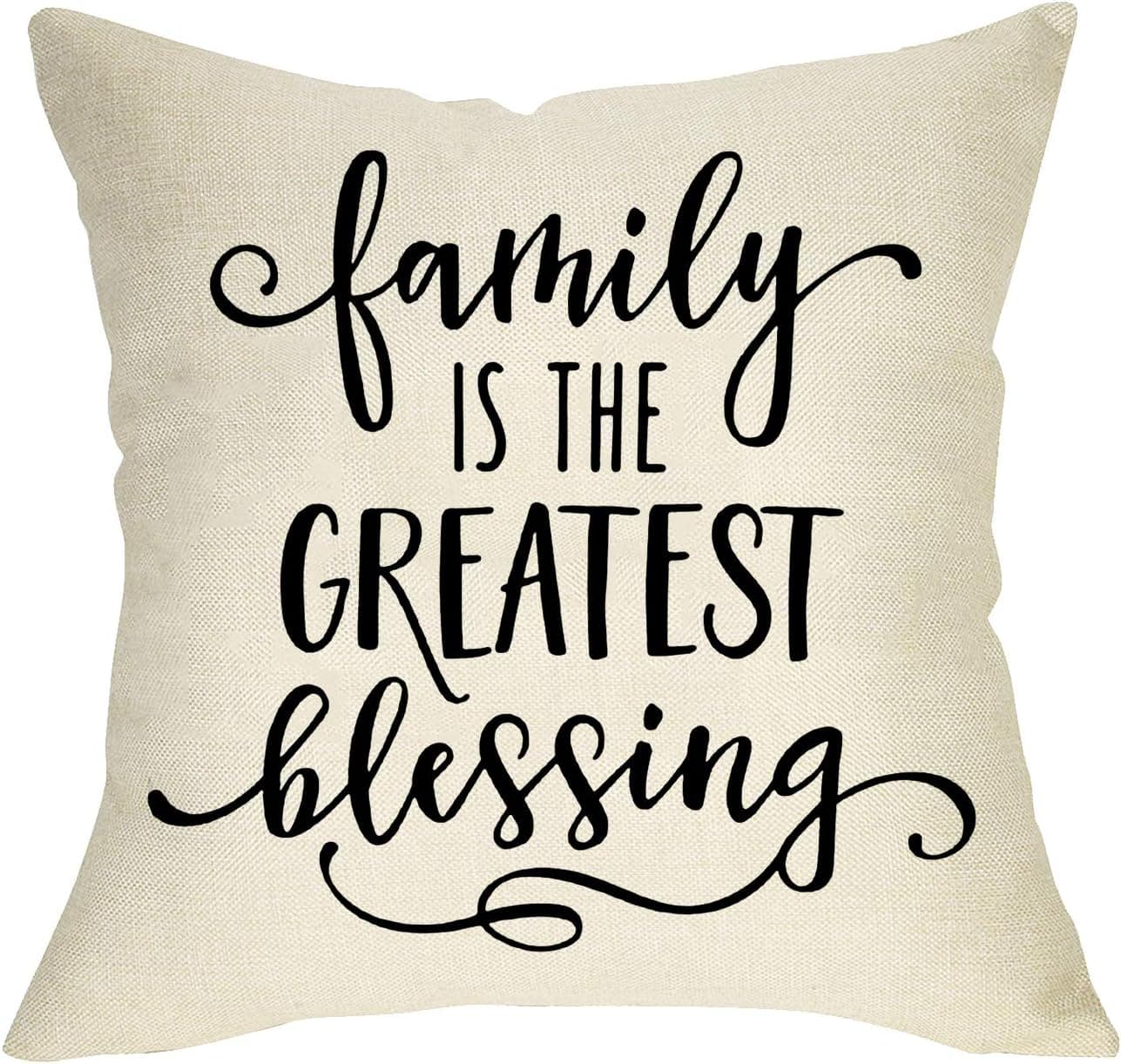 Softxpp Family is The Greatest Blessing Rustic Throw Pillow Cover, Decorative Farmhouse Quotes Cushion Case Home Square Pillowcase Decor for Sofa Couch Decorations Cotton Linen 18" x 18"
