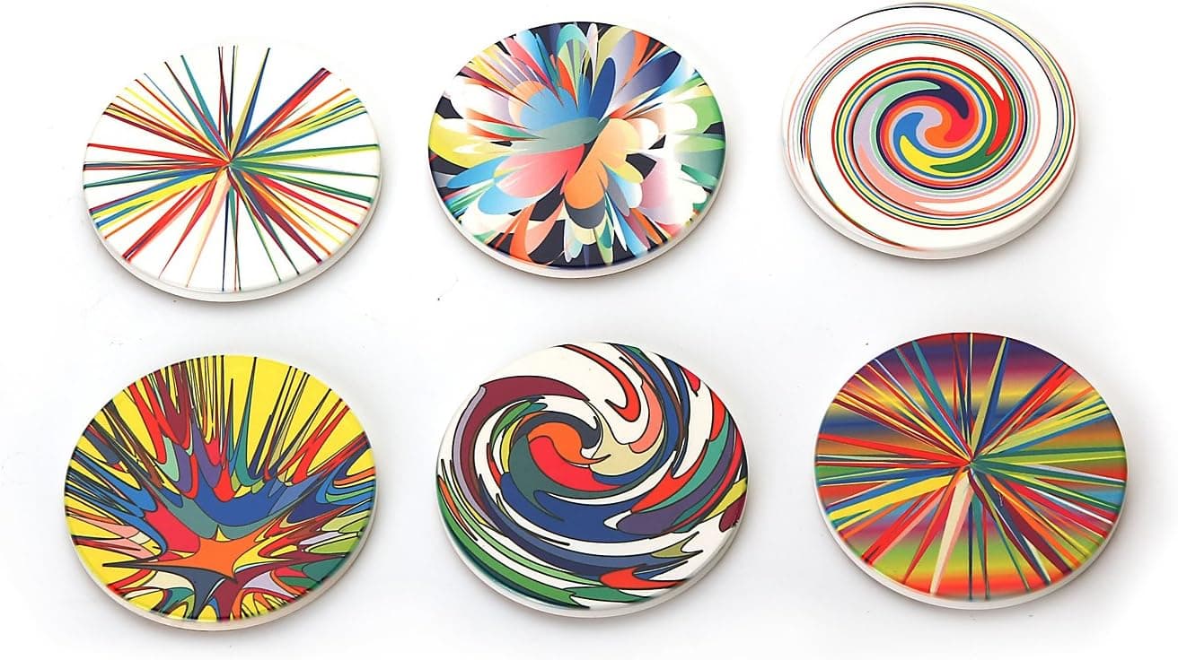 Cool Drink Coasters Set of 6 -for Gifts, Kitchen, Office, Party - Porcelain with Cork Base - Size 4 Inch
