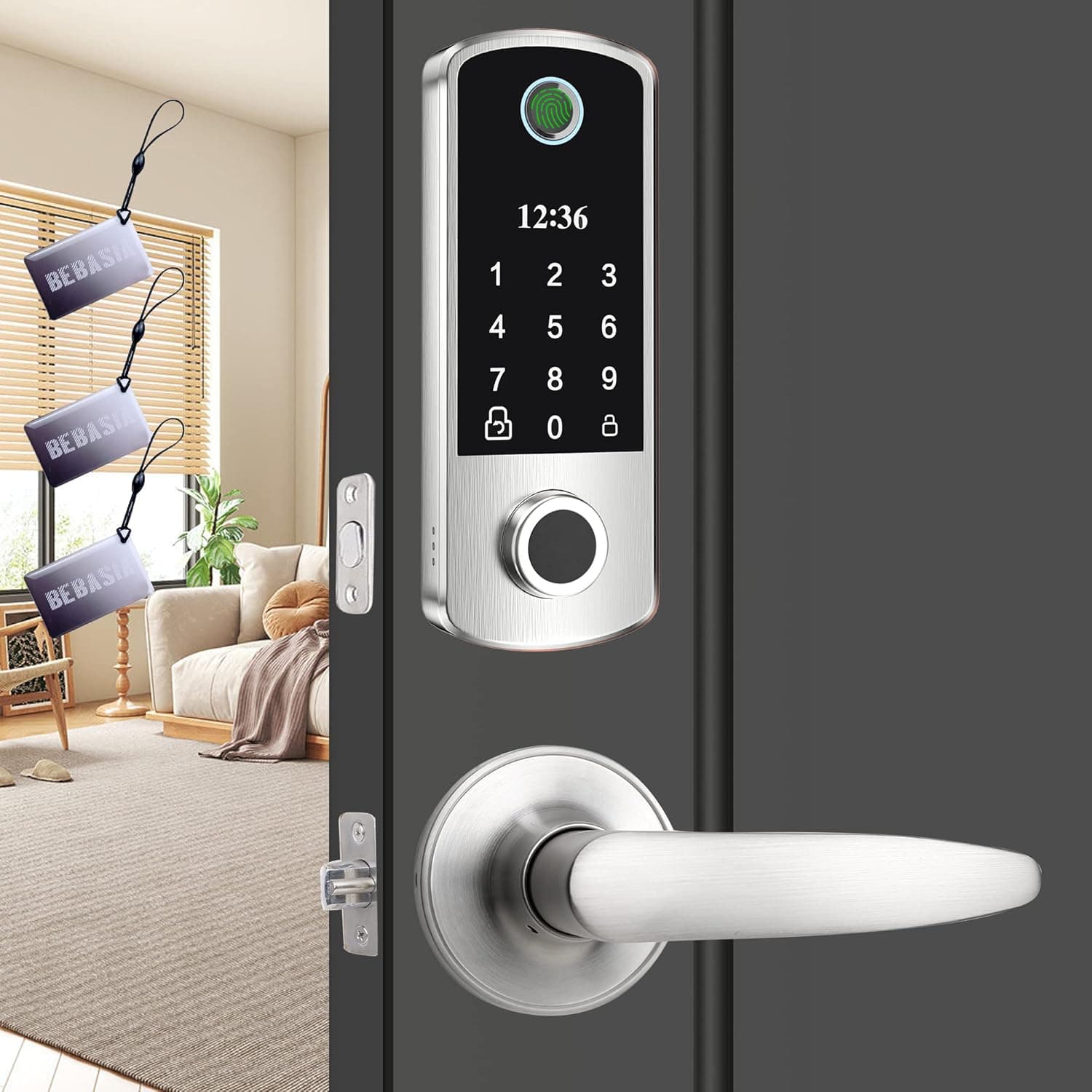 BEBASIA Keyless Entry Door Lock with 2 Level Handles, Smart Door Lock, Fingerprint Door Lock, Door Locks with Keypads, 300+ Users, Anti-Peeping Password, Auto Lock & One Touch Unlock (Satin Nickel)