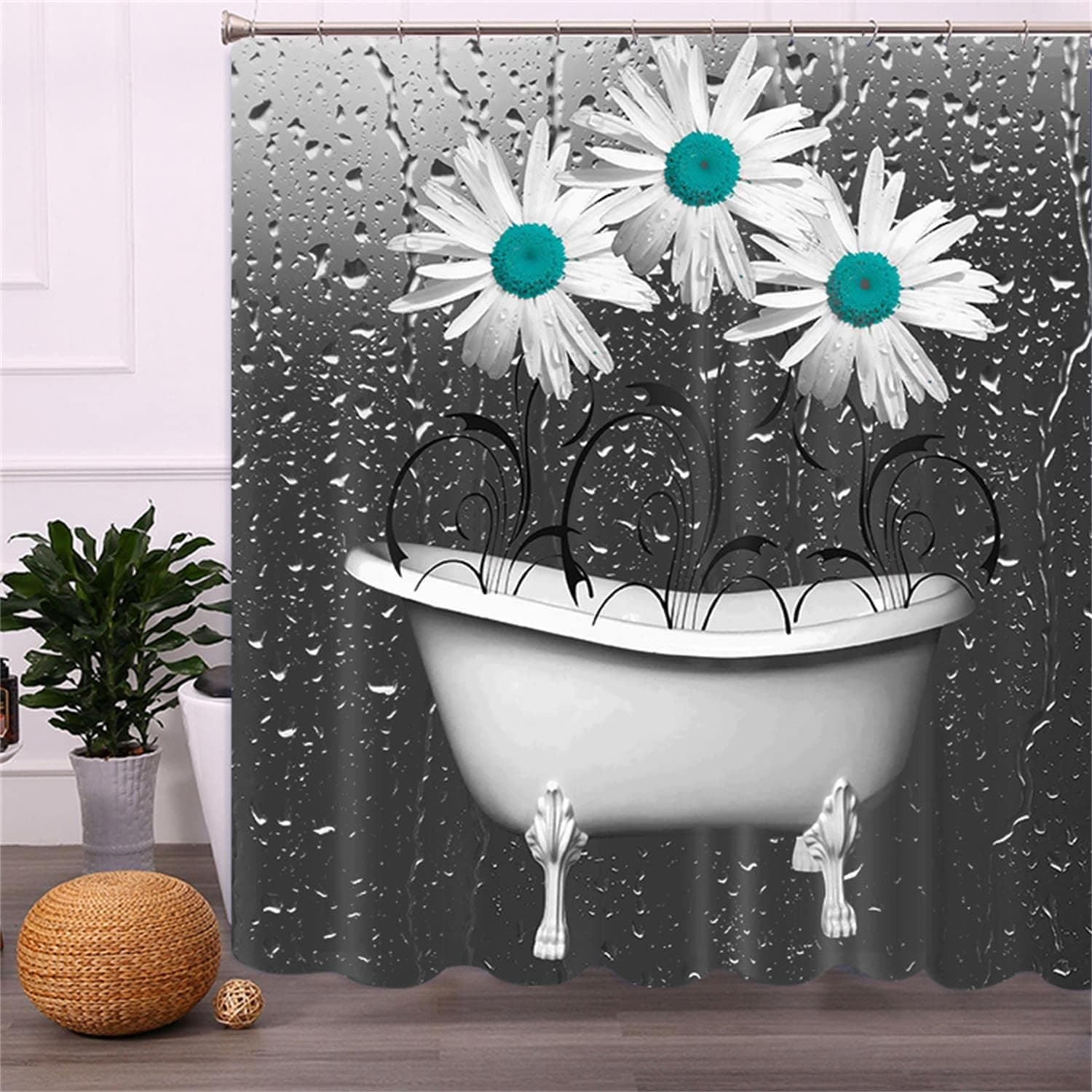 Carwayii Teal Daisy Vintage Bathtub Flower Shower Curtain Waterproof Durable Bath Curtain Prevent Splash Heavy Duty Bathroom Curtain Non-Fading Bathroom Accessories for Bathroom Bathtub