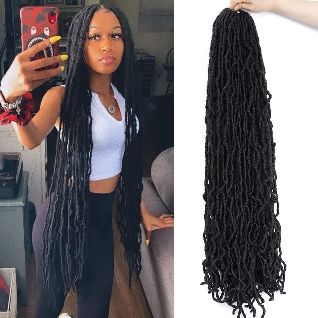 36inch Soft New Faux Locs Colorful Long Goddess Locs Crochet Hair Natural Pre Looped Natural Crochet Braid Curly Wave Braiding Hair… (36Inch #1B 7Packs))