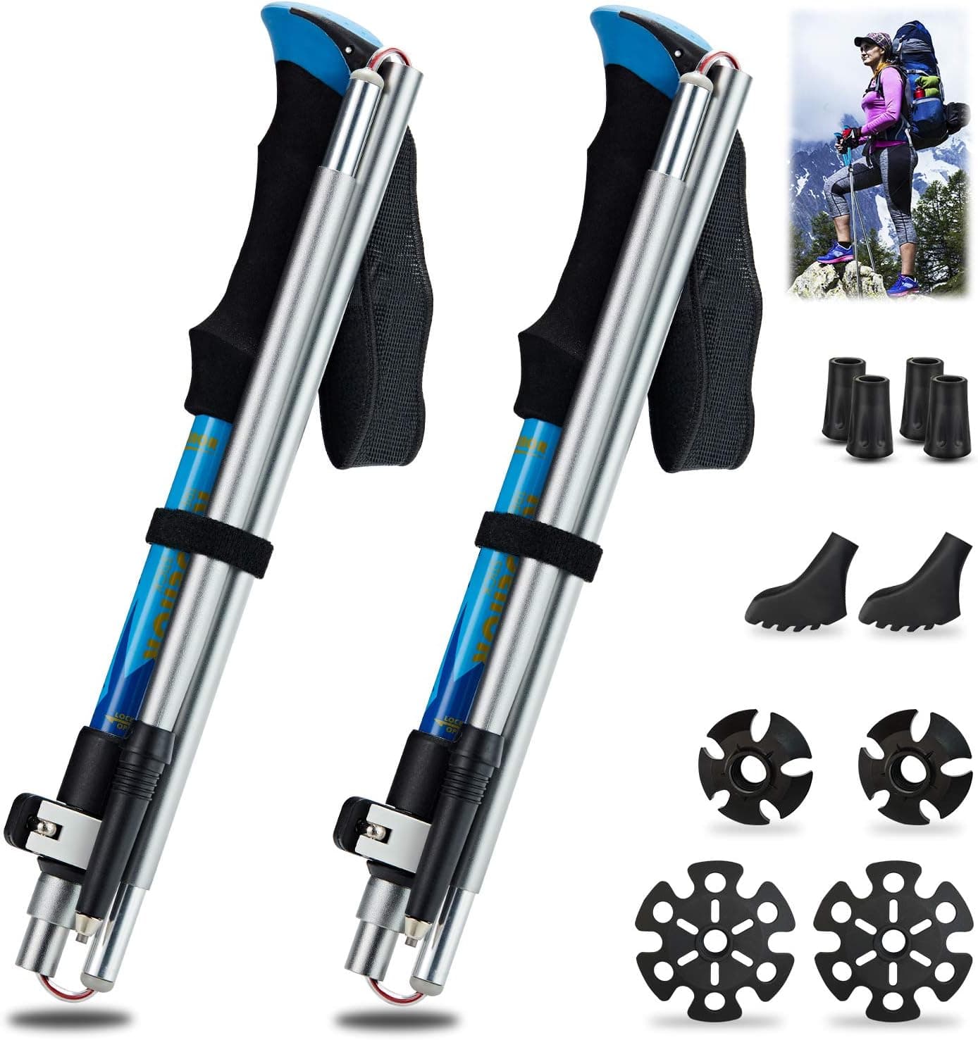 SUKCESO Trekking Poles. 7075 Aluminum Alloy. Ultra-Strong, Lightweight Hiking Poles. 5-Section Collapsible Telescopic Adjustable Nordic Walking Sticks (1 Pair, Blue, L)