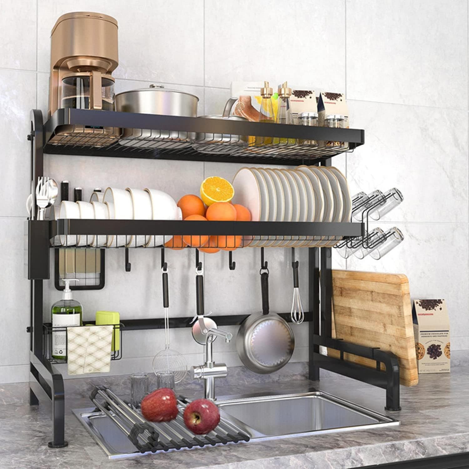 3 Tier Over Sink Dish Drying Rack with Roll-Up Dish Drying Rack Set,Adjustable (24.5"-37.8") Large Dish Rack Drainer for Kitchen Storage Counter Organizer, Full 304 Stainless Steel Shelf