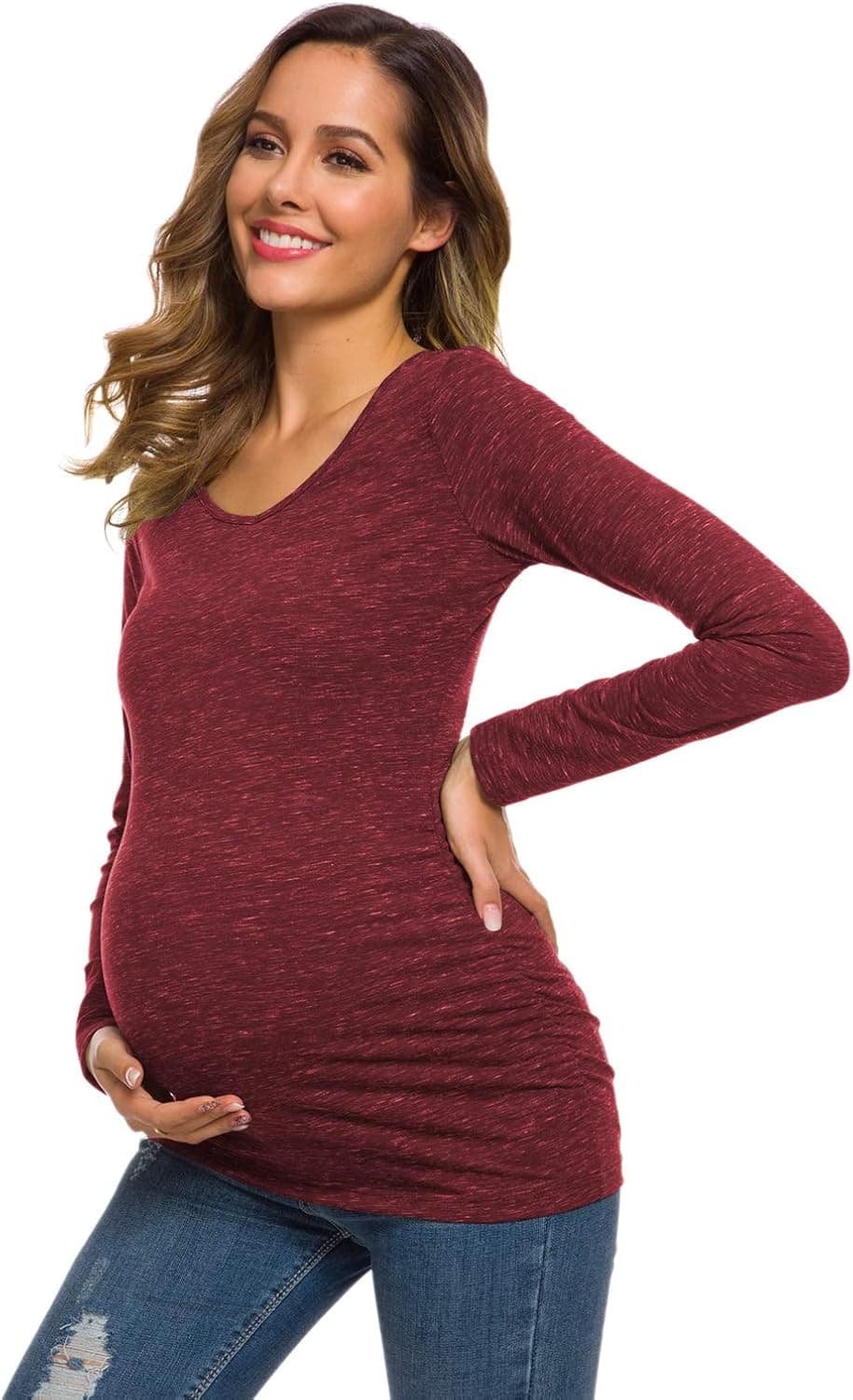 Glampunch Womens Maternity Tops Long Sleeve Flattering Side Ruching Stretch Soft Shirts (Wine Red, XL)