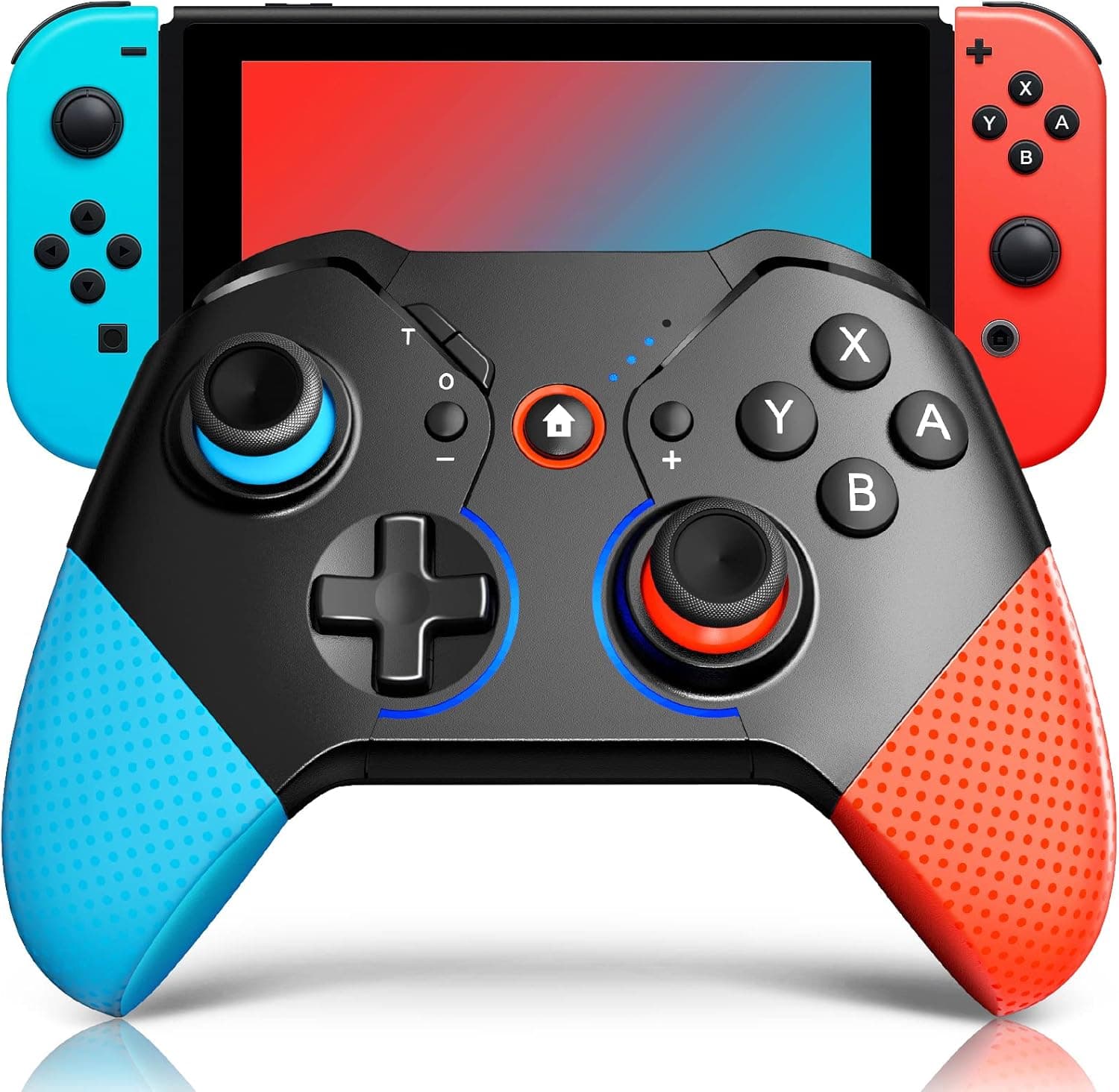 ISENPENK Switch Controller for Nintendo with Wake Up, Bluetooth Gamepad Remote Grip with Macro Motion Vibration Turbo RGB Light, Wireless Pro Controller Joy Con Switch for Kids Gifts - Blue&Red