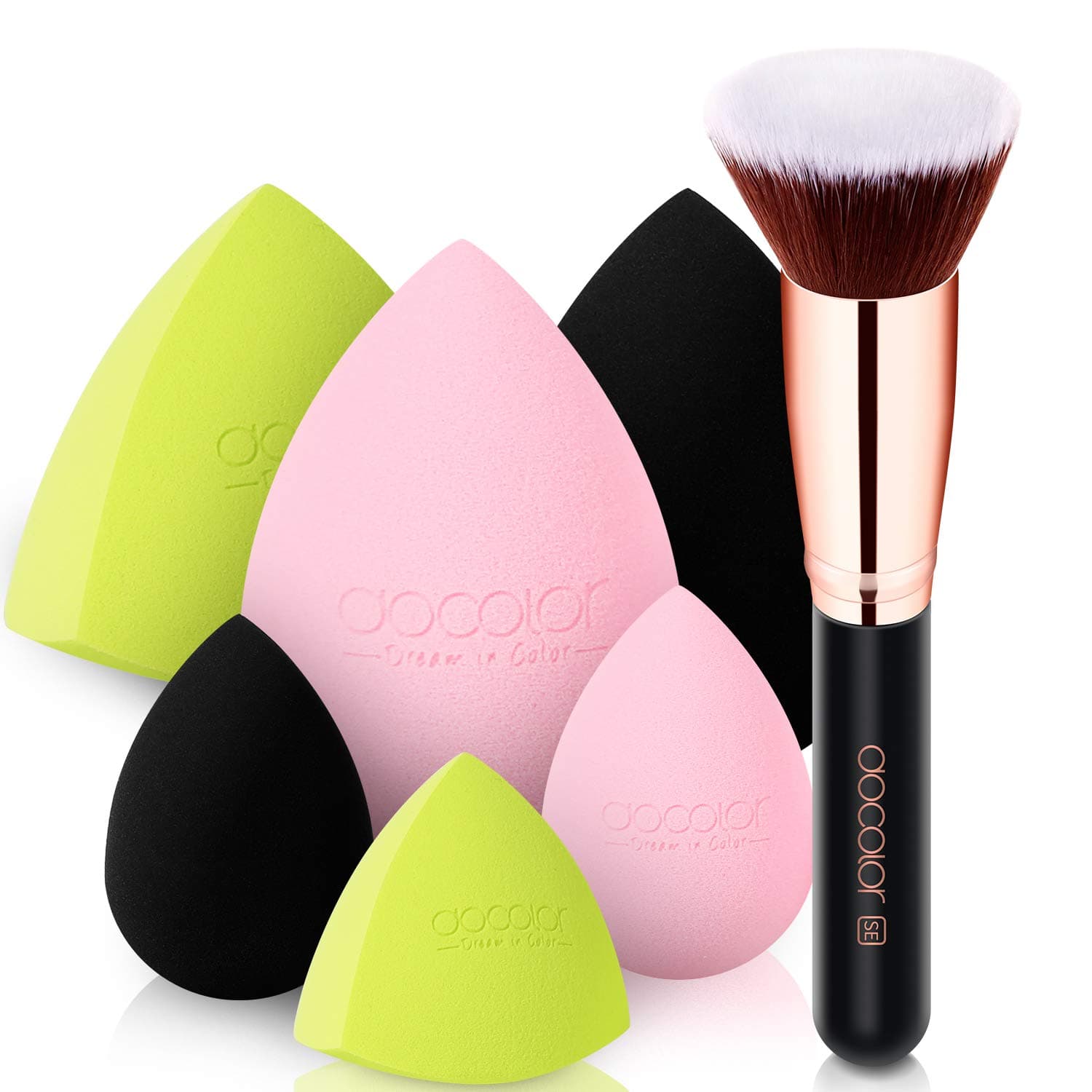 Docolor Foundation Brush Flat Top Makeup Brush Kabuki Brush Professional for Liquid, Cream, Powder Blending - Face Brush Beauty Blender 1+6pcs