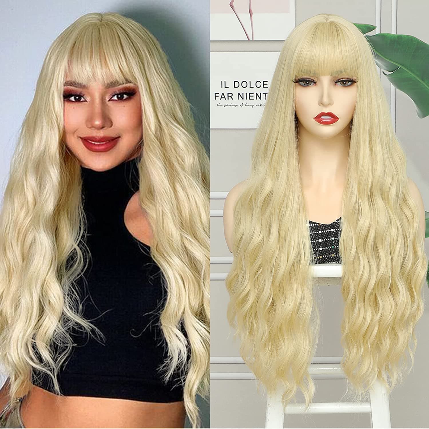 Kreesi Women's Long Blonde Wavy Wig Fluffy Curly Wavy Wigs with Air Bangs Heat Friendly Synthetic 30" 613 Long Blonde Wig for Women Christmas Halloween Cosplay Party Wigs