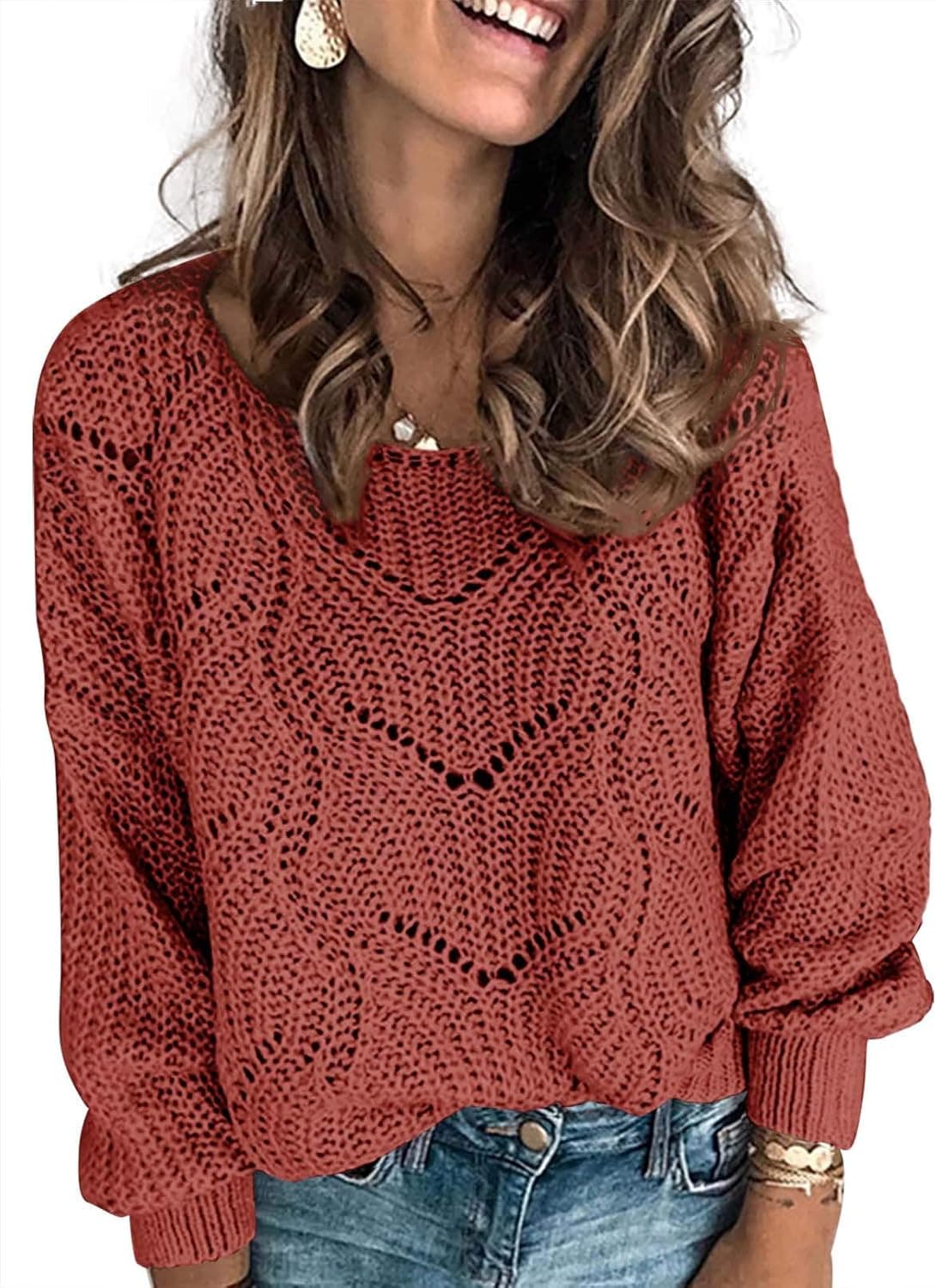 Blibea Women's Cute Long Sleeve Loose Fit Hollow Knitted Pullover Sweater