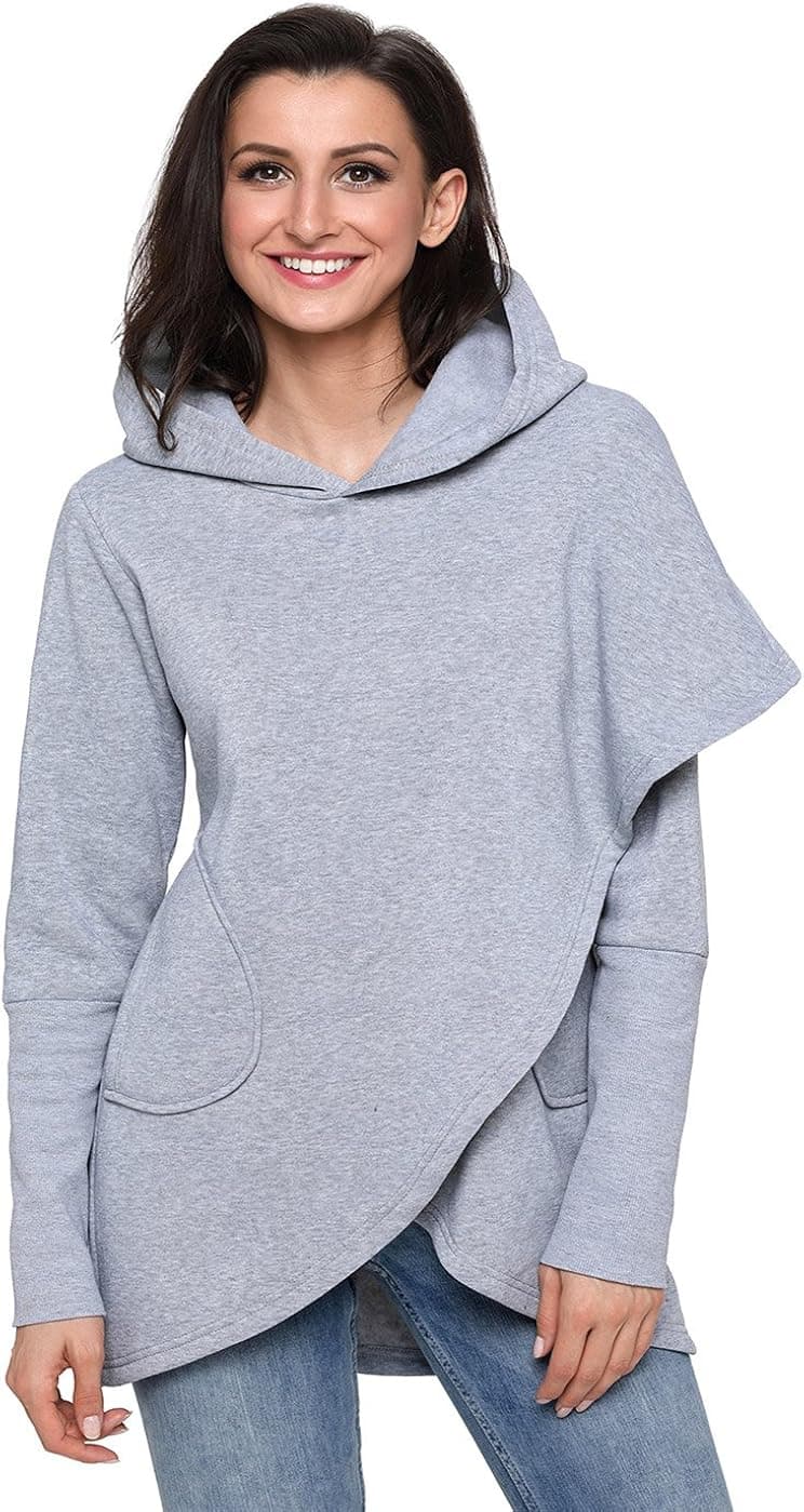 TIKSAWON Womens Long Sleeve Asymmetric Hem Hoodie Sweatshirt Tunic Tops Blouse S Grey