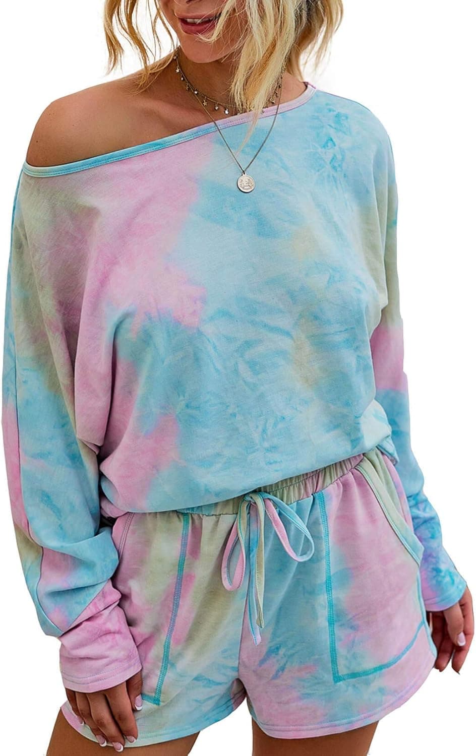 Minipeach Women's tie dye kit,Long Sleeve Tops tie dye pajamas set,lounge sets Shorts Pant PJ Set shirt Sleepwear