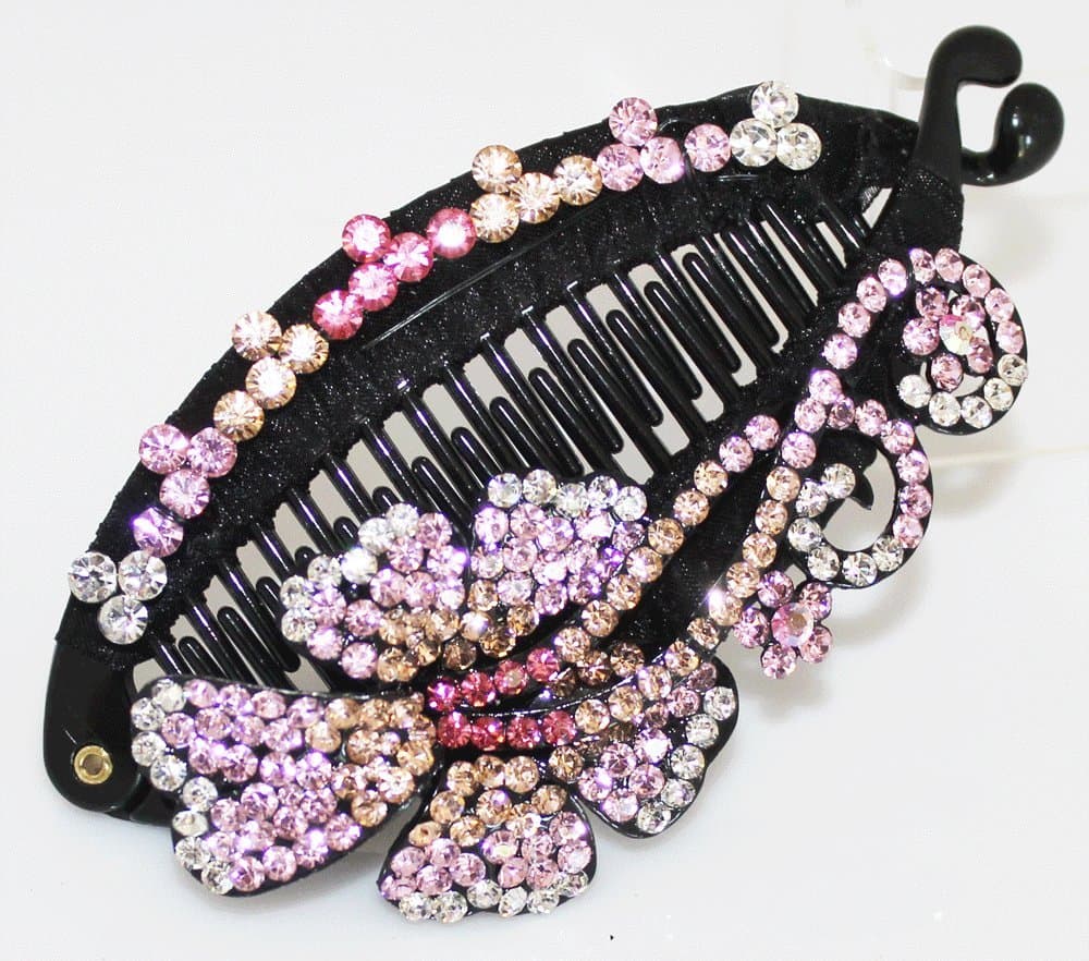 Banana Clip: Hawaiian Flower Design with Beautiful Crystals - Light Pink
