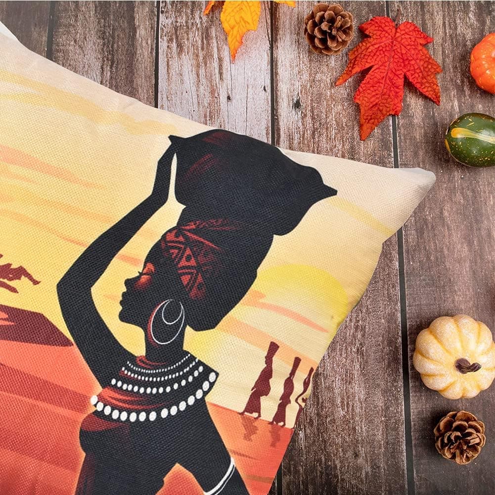 RABUIT African Pillow Covers Black Woman Cushion Cover African American Girls Throw Pillow Case Ethnic Ancient Theme Decorative Accent Pillow Covers (A(Tribal 4 Pack), 16"x16")