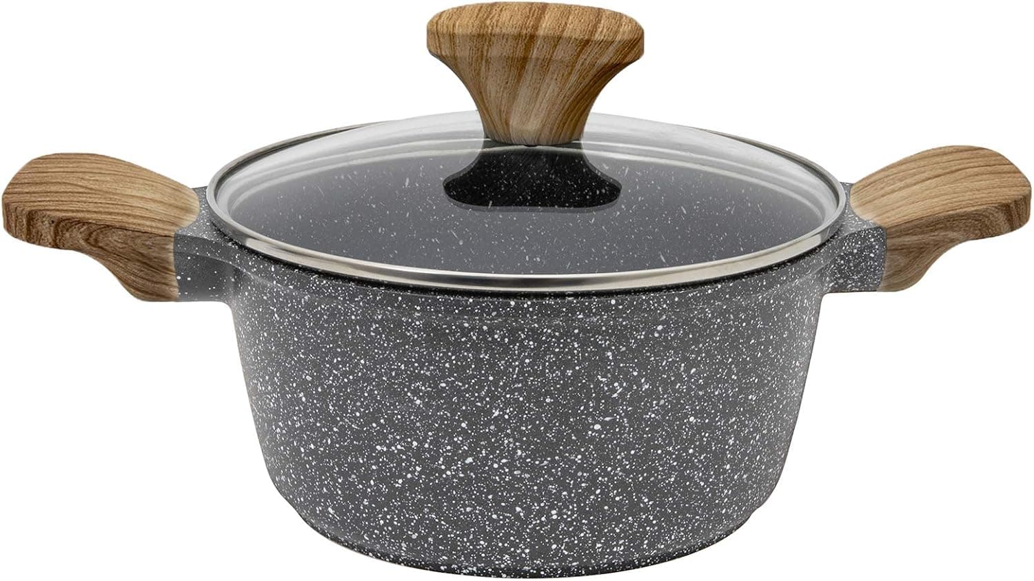 Country Kitchen Cookware Cast Aluminum Casserole Pot, 4 Quart, Speckled Dutch Oven with Handles and Glass Lid (Grey)