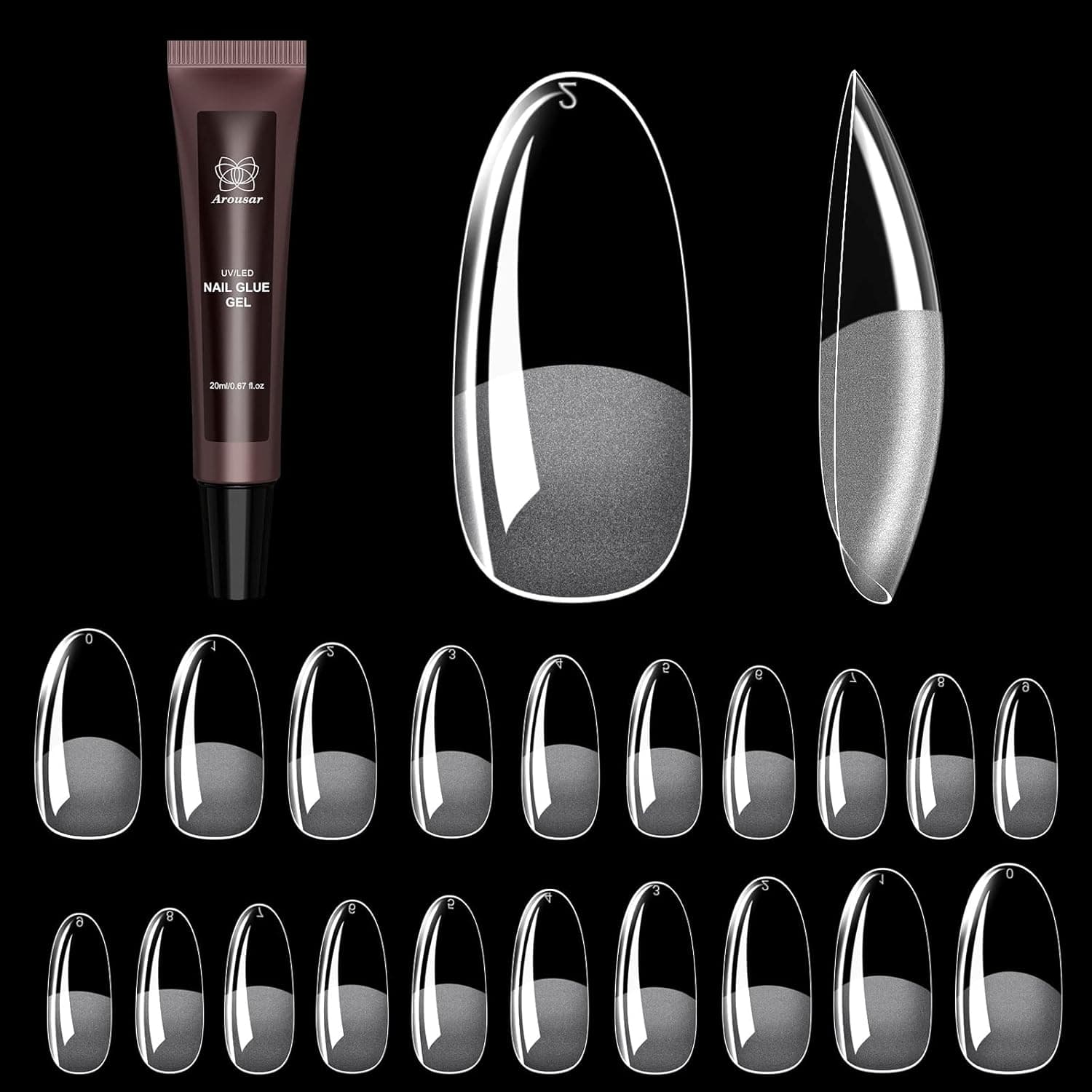 Arousar Nail Tips, 500 pcs Clear Acrylic Nail Extension Set in 10 Sizes, Half Matte Medium Round Full Cover Press on False Nail Tips with 20ml Glue Gel for DIY Nail Art