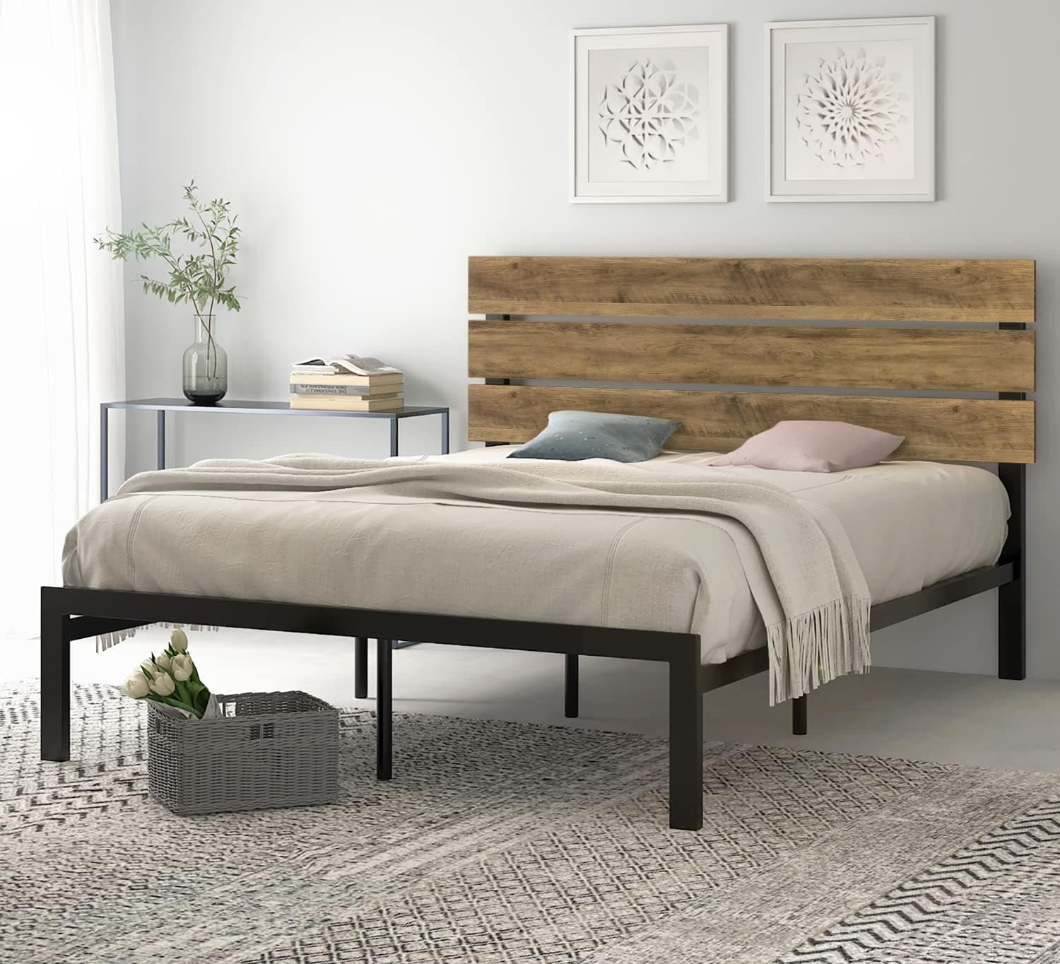 SHA CERLIN Full Size Bed Frame, Metal Platform Bed with Wooden Headboard and Strong Metal Slats, Mattress Foundation, Rustic Country Style, No Box Spring Needed, Easy Assembly, Light Brown