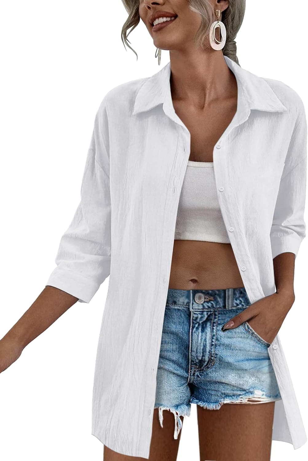 Zeagoo Women Cotton Linen Shirt Casual Button Down 3/4 Sleeve Blouses Casual Oversized Tops