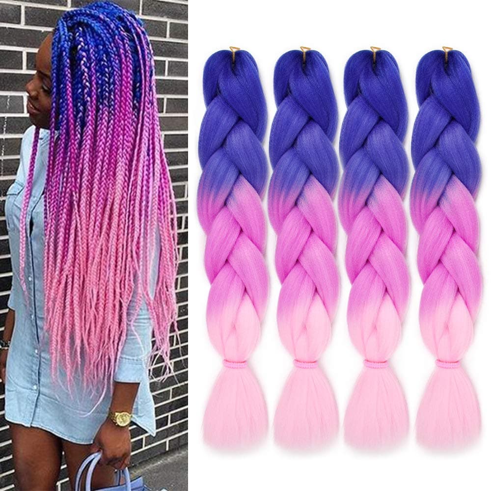 GX Beauty 4Pcs/Lot Kanekalon Braiding Hair Pink Ombre Jumbo Braids Hair Extensions 24Inch Synthetic Heat Resistant Fiber 100g/Pc (Blue/Purple/Pink)M61