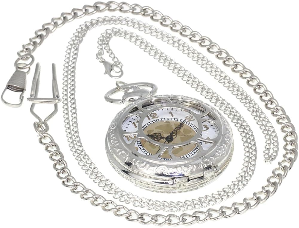 Silver Vintage Antique Case Pocket Watch Fob Watch for Men Women Girls Boys Gifting Occasion with 1 PC Necklace Chain 1 PC Clip Key Rib Chain
