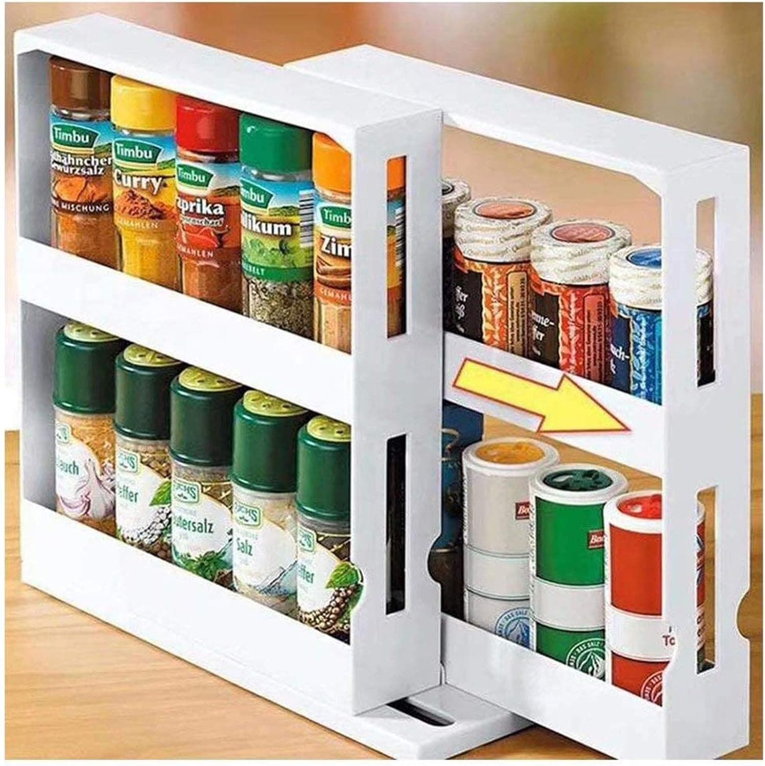 Blisaacy Double Spice Rack For Cupboard, Tiered Space Saving Slide Out Kitchen Rack, Stackable Cabinet Shelf Counter Spice Rack, Rotating Shelf Organizer Kitchen, Fits Up To 20 Spice Jars