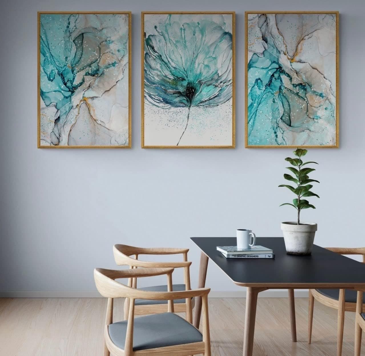 Marbled Style Floral Print on Wood, Framed Wood Wall Art, Modern Home Decoration, Housewarming Gift (each 21 x 29 inches, Gold Color Frame)