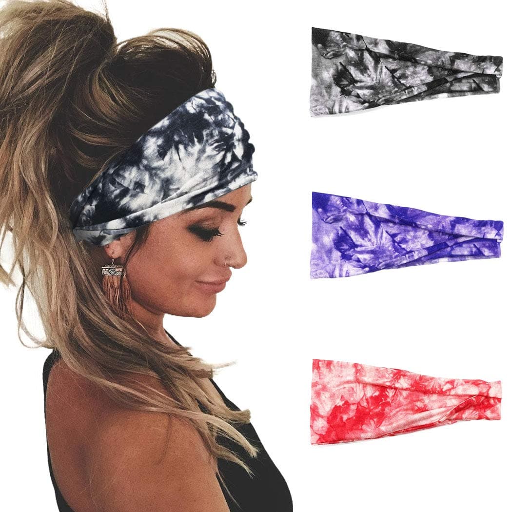 Vinzar Boho Headbands Wide Knot Hairbands Bandeau Funtopia Hair Bands Yoga Head Wraps Tie Dye Hairband Stretch Turban Head Band Sport Hair Accessories for Women and Girls (Tie Dye 1-3 Pack)