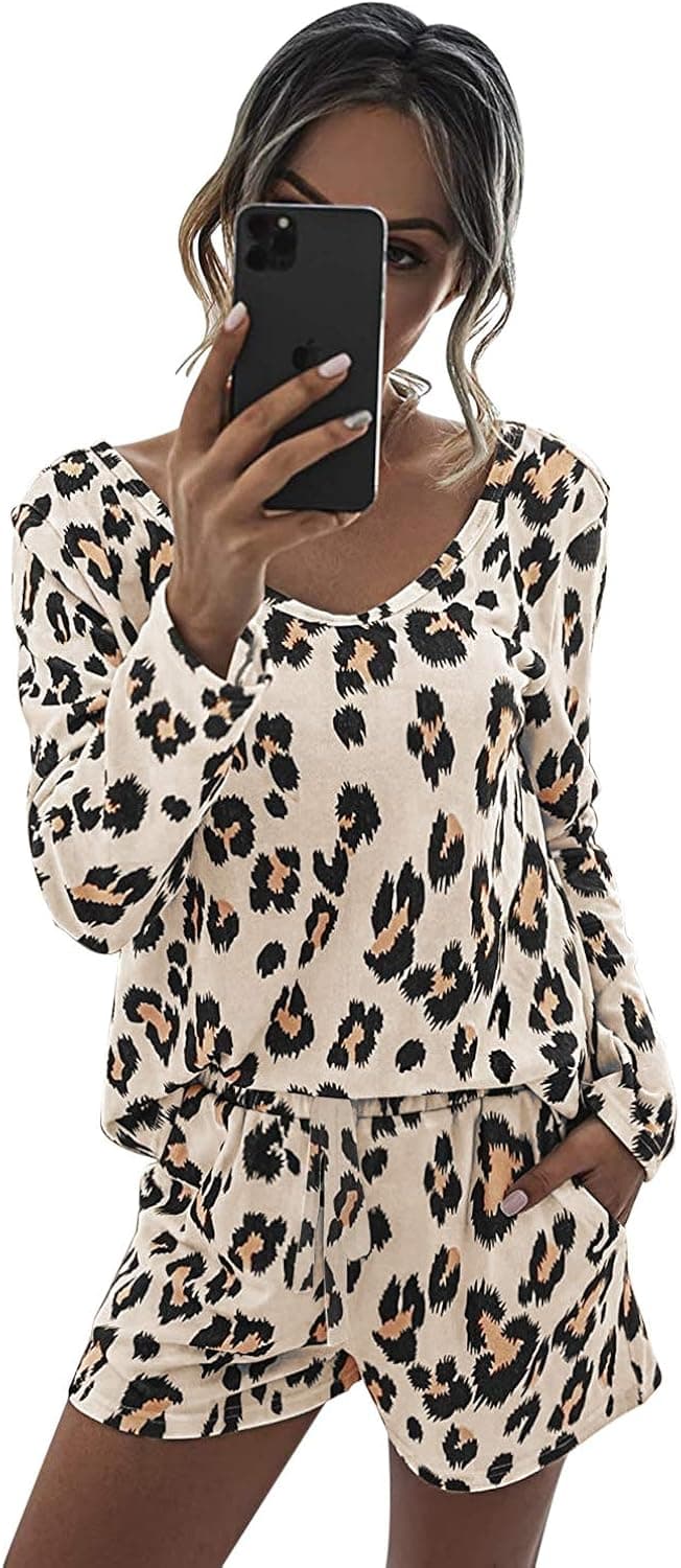 KIKIBERRY Women's Leopard Long Sleeve Pajamas Set with Short Pockets 2 Piece One Shoulder Sleepwear Lounge Sweatsuit PJ Set