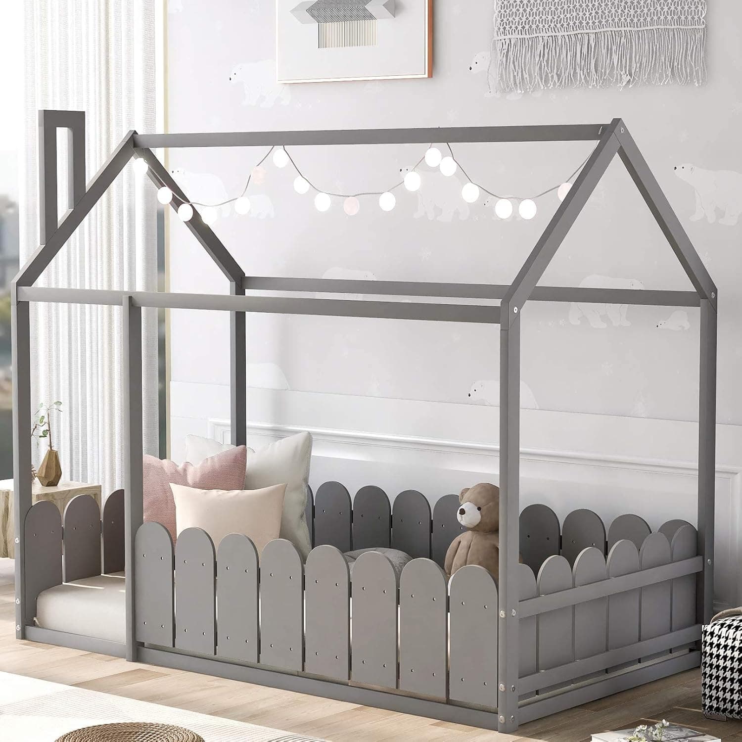 MERITLINE House Bed Twin Size Kids Bed Frame with Roof and Fence, Box Spring Needed