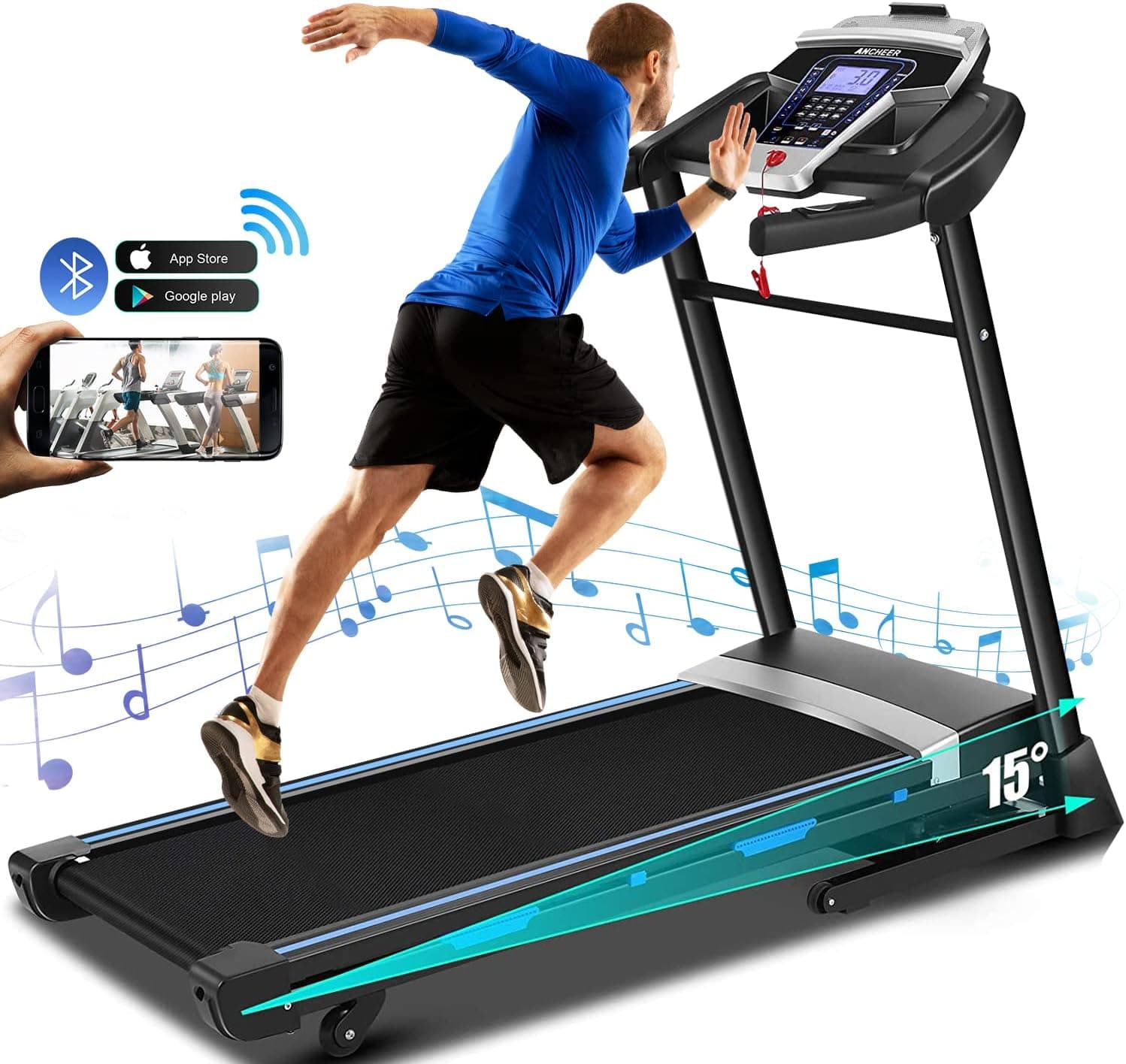 ANCHEER Folding Treadmill for Home with APP Control,3.25HP Electric Automatic Incline Treadmills,300 lbs Weight Capacity,Motorized Running Jogging Machine for Gym & Office Workout