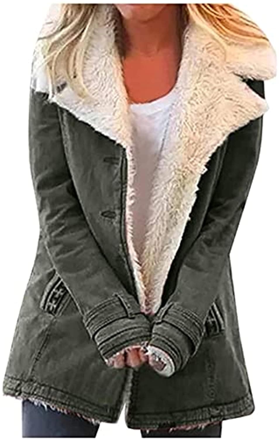 Generic Women Lapel Sherpa Fleece Lined Denim Jacket Faux Fur Inside Down Denim Jackets Outwear Winter Button Down Coat (XXX-Large,Grey) 3X-Large