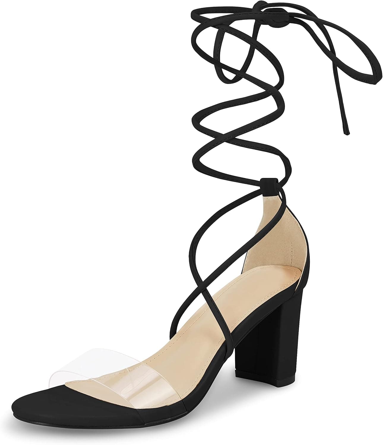Coutgo Womens Clear Lace Up Chunky Heels Sandals Strappy Open Toe Criss-Cross Dress Wedding Sexy Summer Shoes