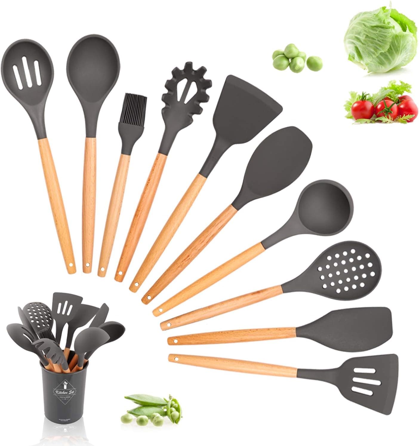 Silicone Utensils Set, Kitchen Utensil Set 11Pcs with Natural Wooden Handles, Silicone Kitchen Utensils Set - Silicone Cooking Utensil Set Spatula Set -Silicone Utensil gadgets(Gray)