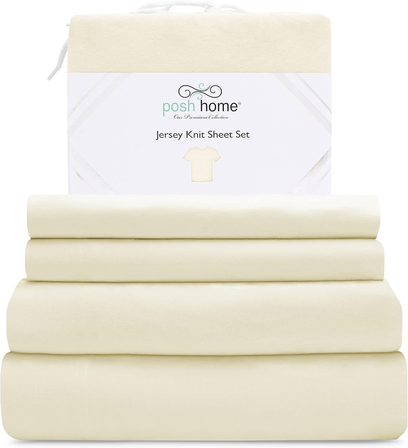 Posh Home Jersey Knit Sheet Set – 4-Piece Jersey Bed Sheets – T-Shirt Breathable & Soft Cotton Jersey Sheets - Includes Flat Sheet, Jersey Fitted Sheet, & 2 Pillowcases - King Jersey Sheets, Almond