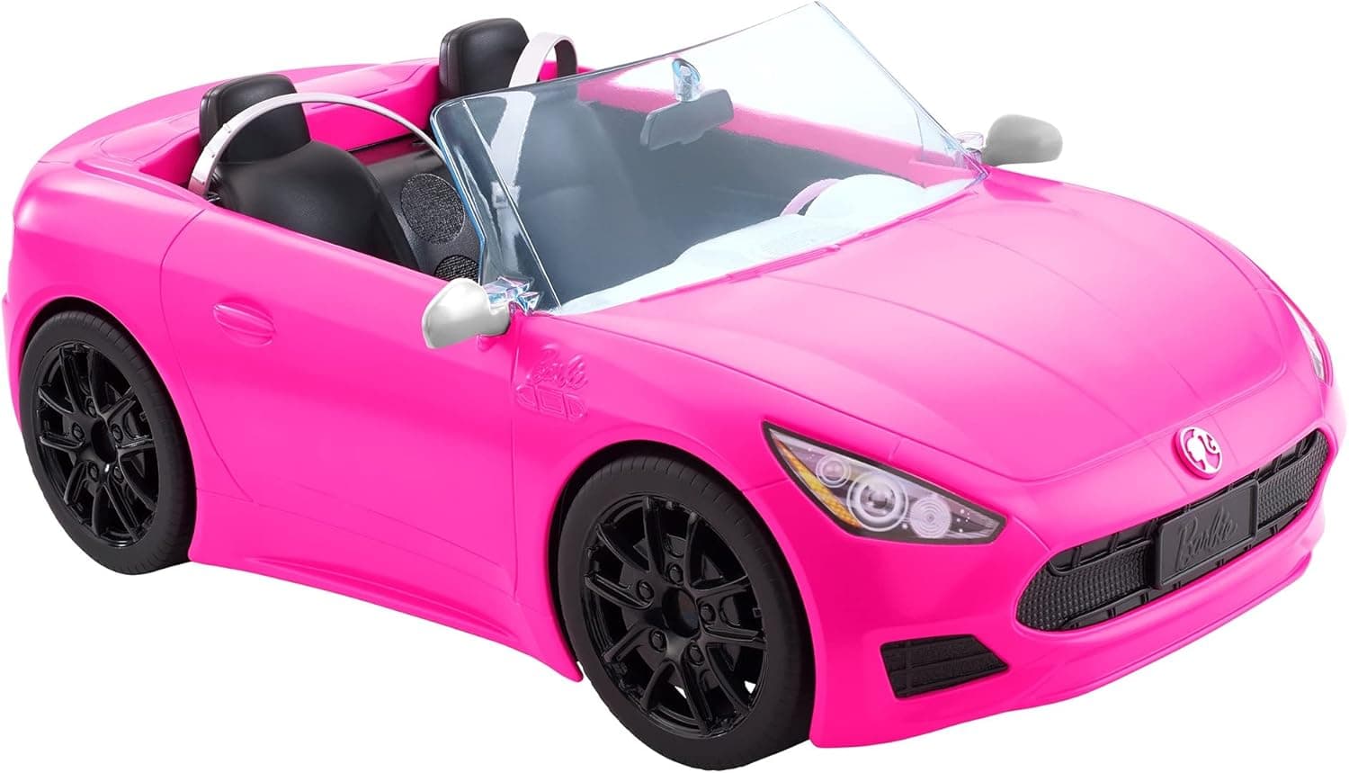Barbie Toy Car, Bright Pink 2-Seater Convertible with Seatbelts and Rolling Wheels, Realistic Details