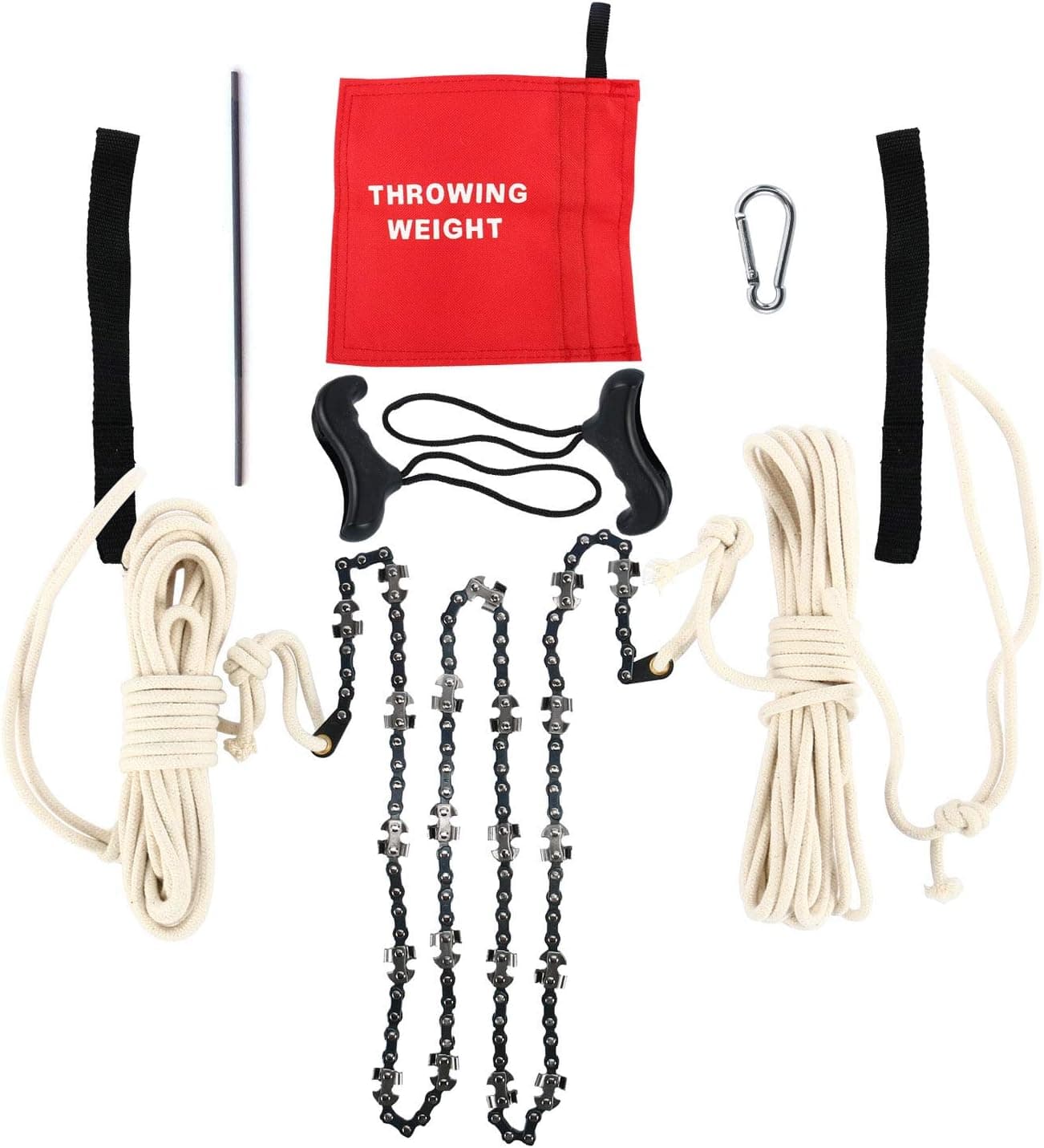 YaeTek 48 Inch Hand Chain Saw with Blade Sharpener, Ropes, Throwing Weight Pouch and Extra Handles - Blades on Both Sides