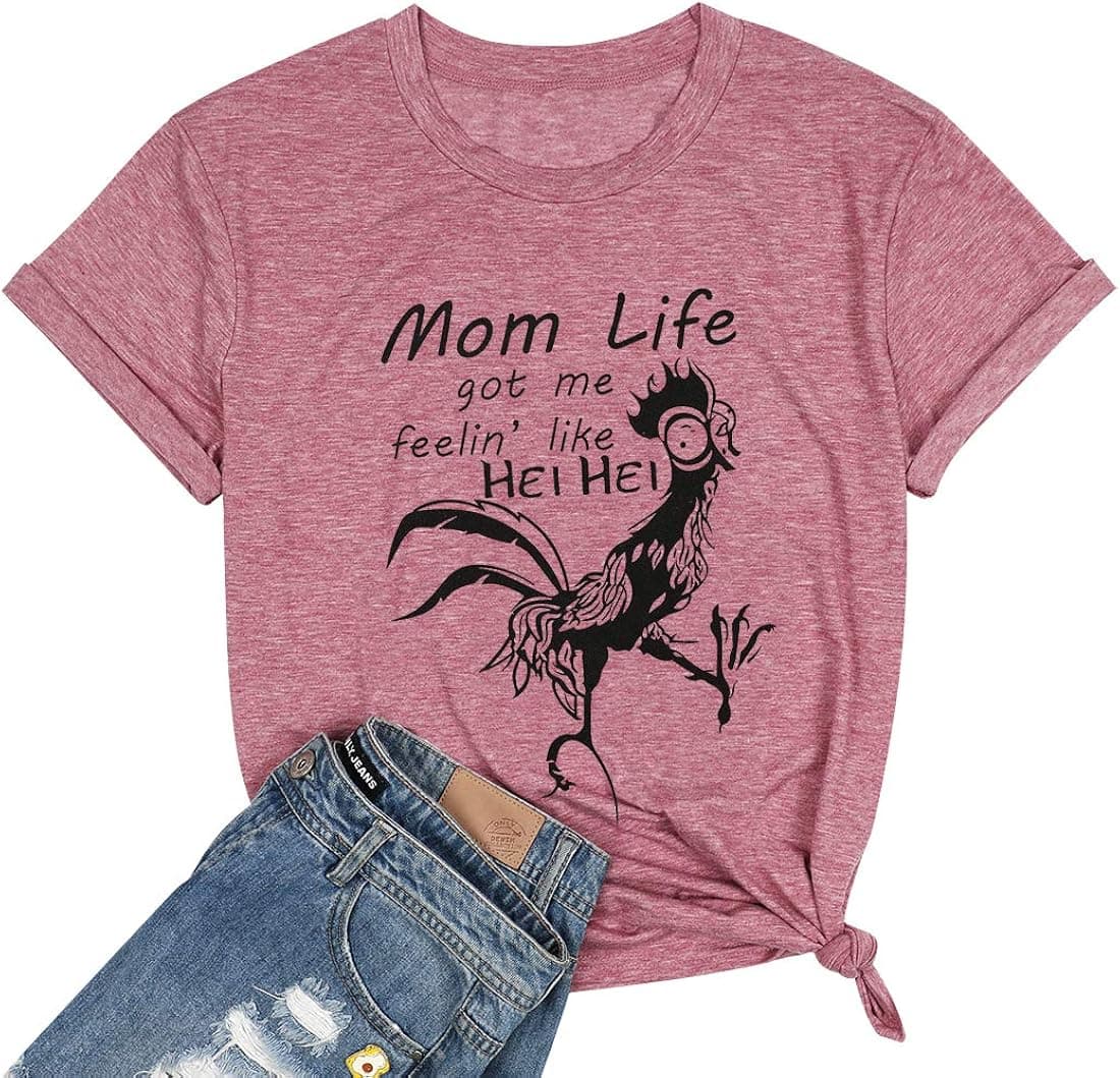 Mom Shirts for Women Chicken Mom Life Got Me Feelin Like HEI HEI T Shirt Letters Print Short Sleeve Casual Tee Tops