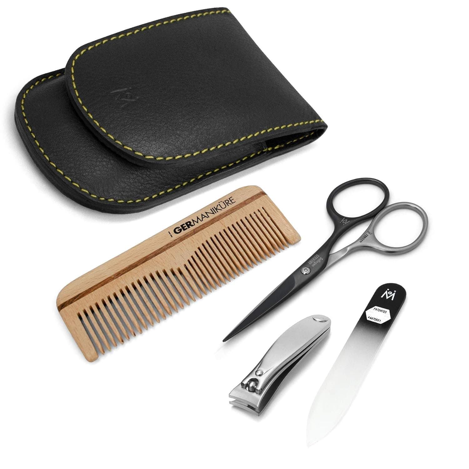 GERMANIKURE 4pc Mens Grooming Set in Leather Case- Handmade in Solingen Germany, FINOX Stainless Steel: SELF SHARPENING Beard and Nose Trimmer Scissors – Professional Nail Care