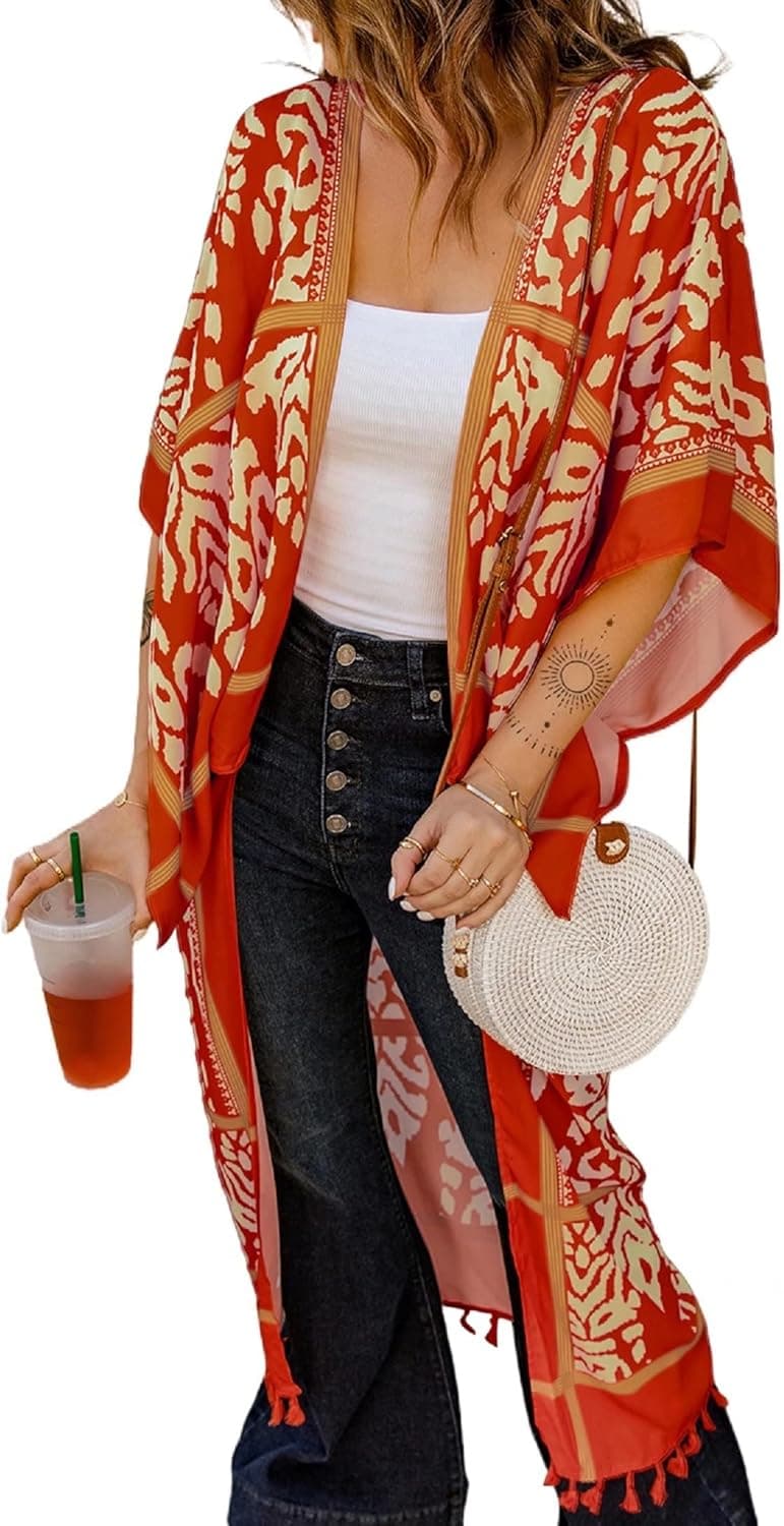 Sidefeel Women Bobo Floral Print Open Front Flowy Kimono Cardigan