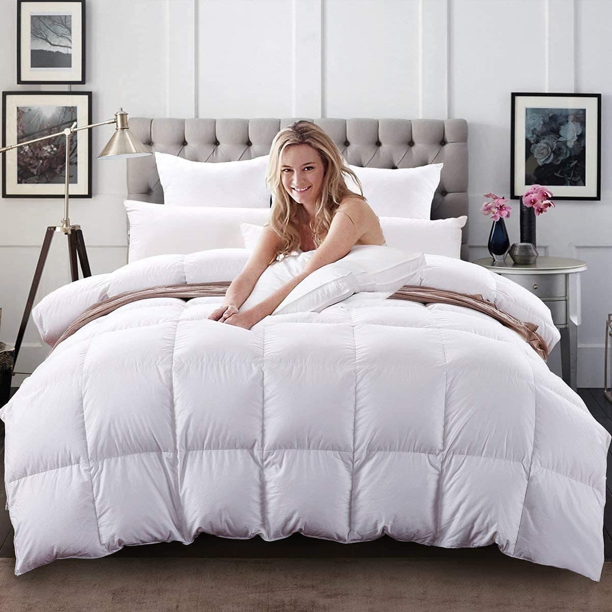 C&W White Goose Down Comforter Queen Size Down Duvet Insert Heavy Warmth for Winter 750 Fill Power 55oz Fill Weight White Solid