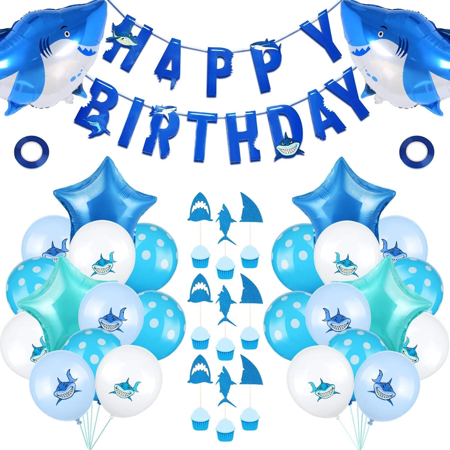 58 Pieces Shark Party Supplies Decorations, Include Shark Balloons, Star Balloons, Happy Birthday Banner and Shark Cake Toppers for Birthday Baby Shower Ceremony Themed Party