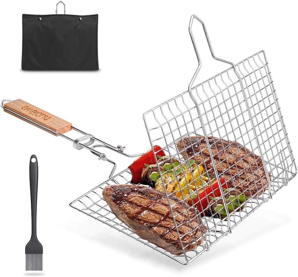 Huolewa BBQ Grill Basket, Portable Barbecue Grill Tool for Fish Vegetables Steak Shrimp Chops, Durable 304 Stainless Steel Grilling Basket, Bonus an Sauce Brush and Carrying Pouch