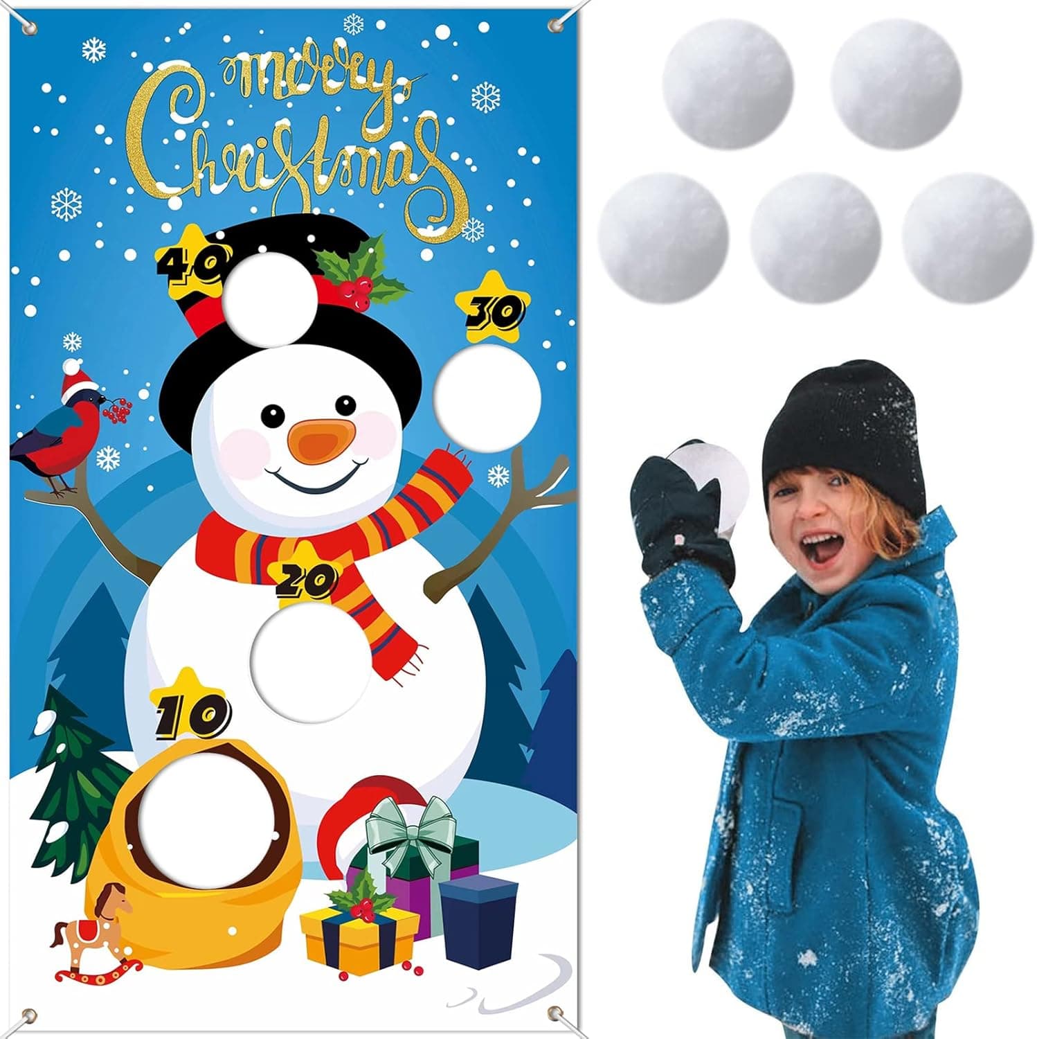 Snowman Toss Games Banner, Winter Christmas Holiday Party Game with 5 Snowballs for Kids Adults Family Gathering Indoor Outdoor Frozen Party Supplies