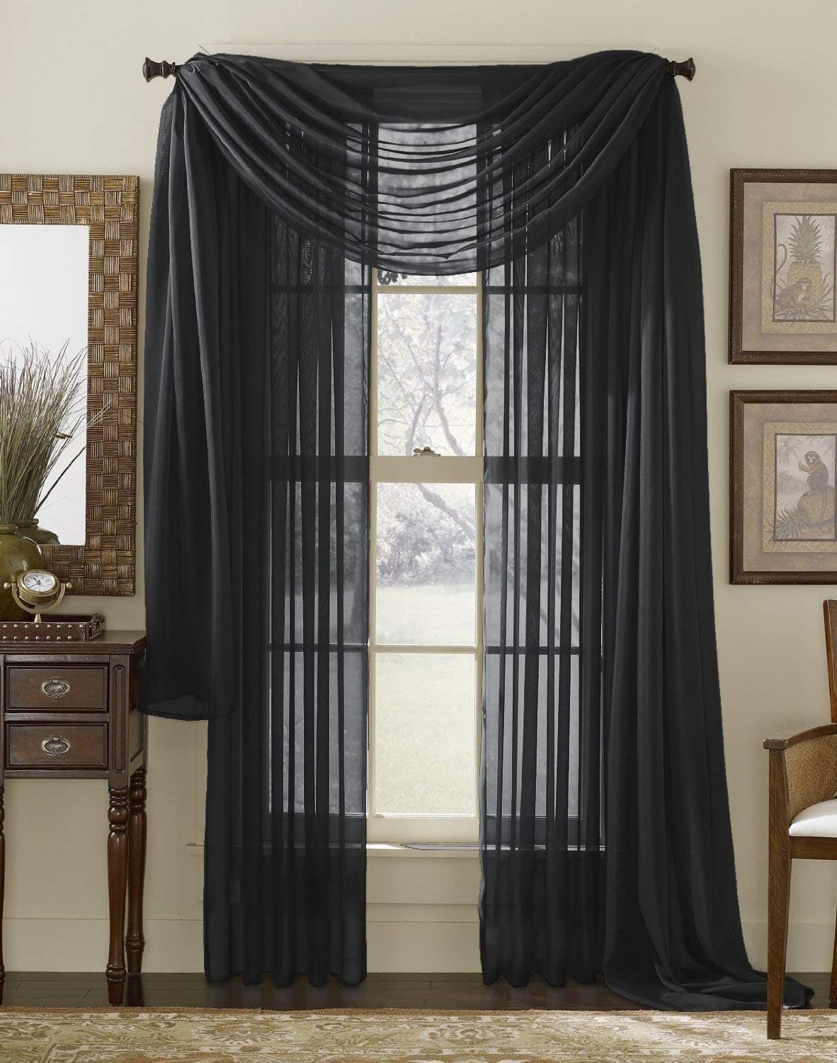 Interior Trends 3 Piece Fully Stitched Sheer Curtain Panel Window Drapes and Scarf Set of 2 Panels and 1 Matching Scarf (63" Long, Black)