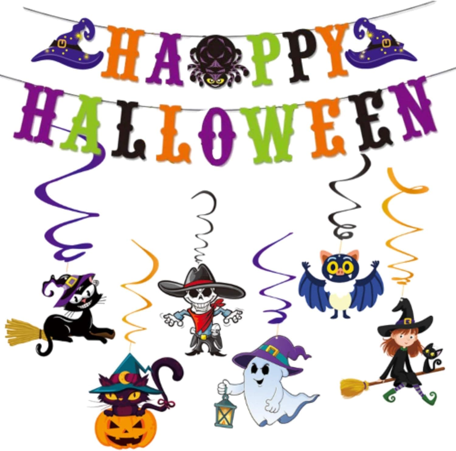 Happy Halloween Banner with 6 Swirl Decorations | Hanging Banner Decoration with Ghost Witch Pumpkin Pattern for Halloween Party Favor