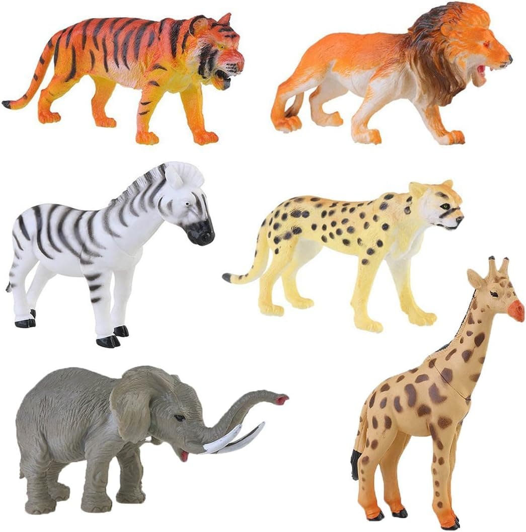 Lchen Animals Figurine, 4" Zoo Safari Plastic Model Figurine Decoration with Tiger Leopard Lion Giraffe Zebra Elephant (Pack of 6)