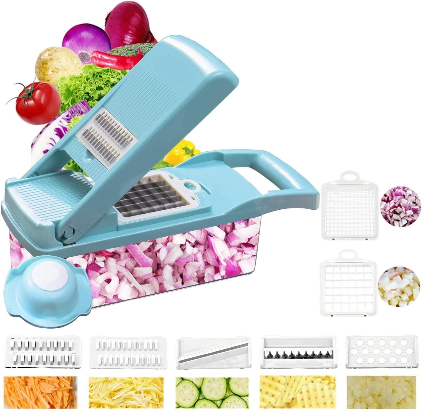 Vegetable Chopper, Onion Veggie Slicer Chopper, Spiralizer Vegetable Cutter Chopper Blades with Durable Fruit Slicer Cutter Container for Cooking Tools