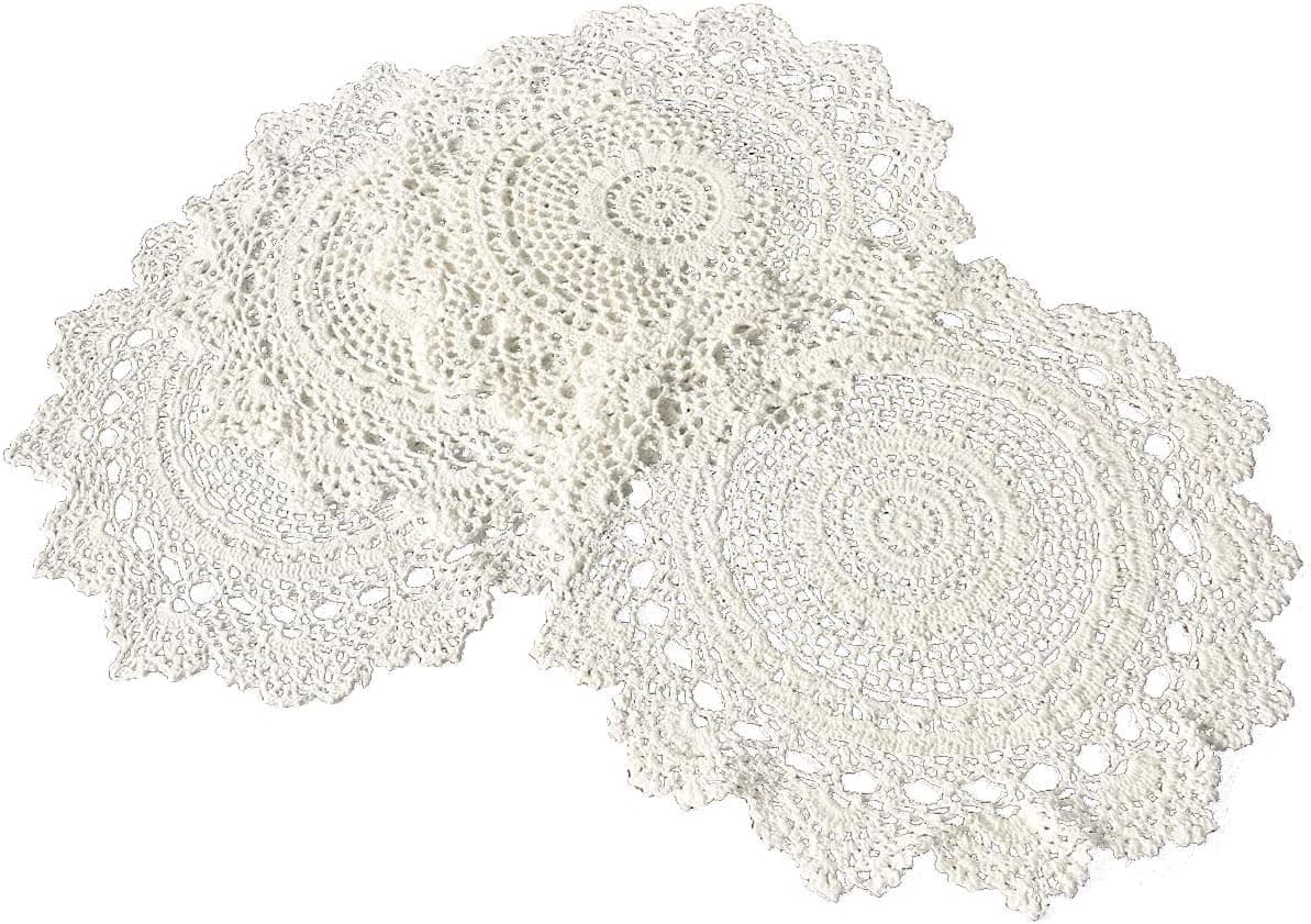 4PC White 11 Inch Round 100% Handmade Crochet Lace Placemats Doilies