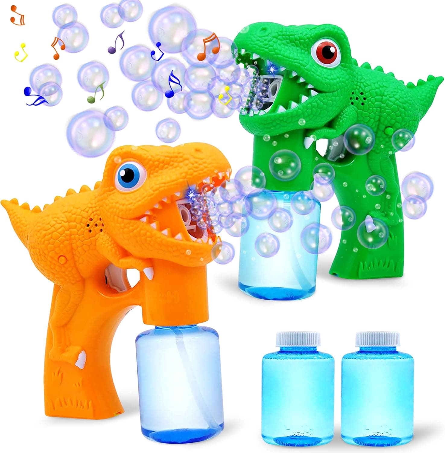 JOYIN 2 Dinosaur Bubble Guns with 2 Bubble Solution (147 ml) for Toddlers, Bubble Maker and Blower, Indoor and Outdoor Summer Play Toys, Kids Party Favor, Game Toys