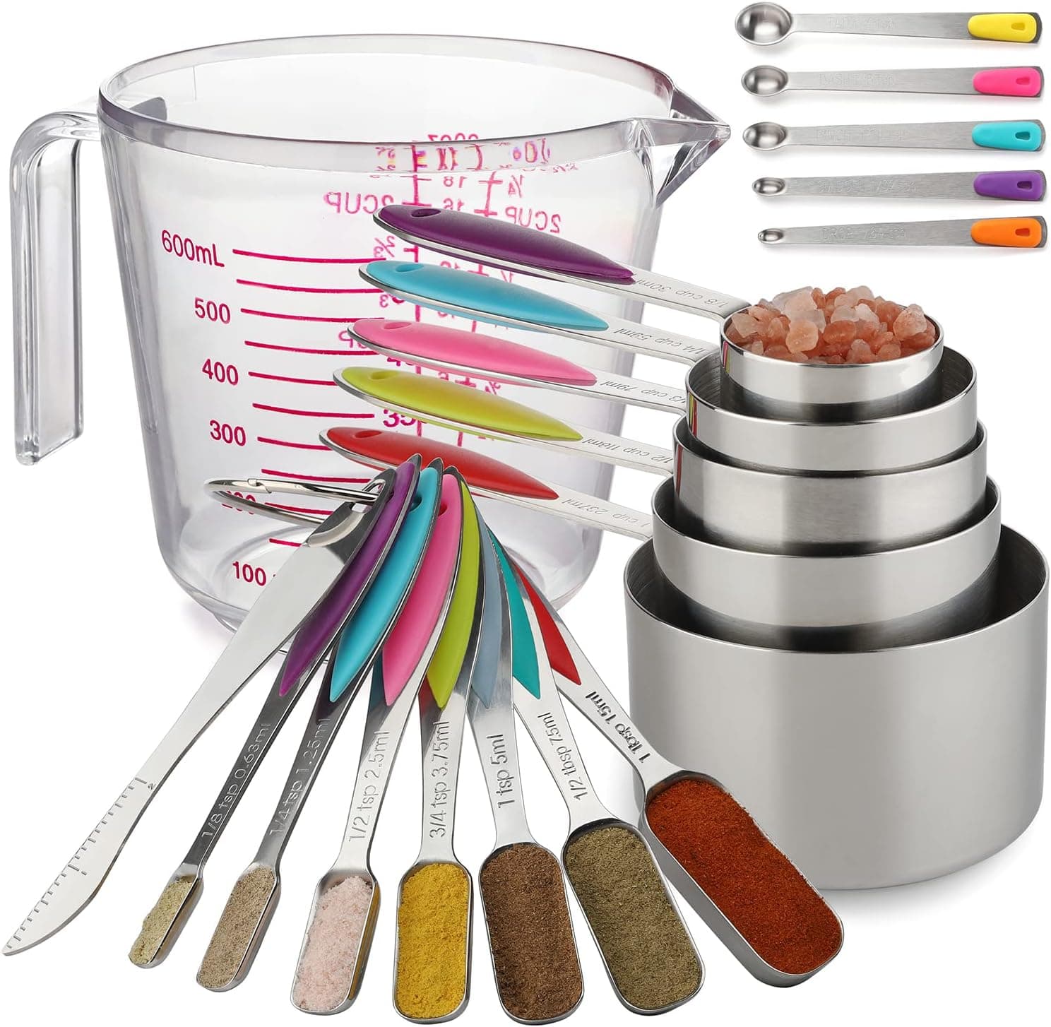 Measuring Cups and Spoons Set Stainless Steel Including 5 Stackable Measuring Cup 7 Measuring Spoons 5 Mini Spoons with 1 Leveler and 1 Plastic Measuring Cup for Cooking and Baking (Color)