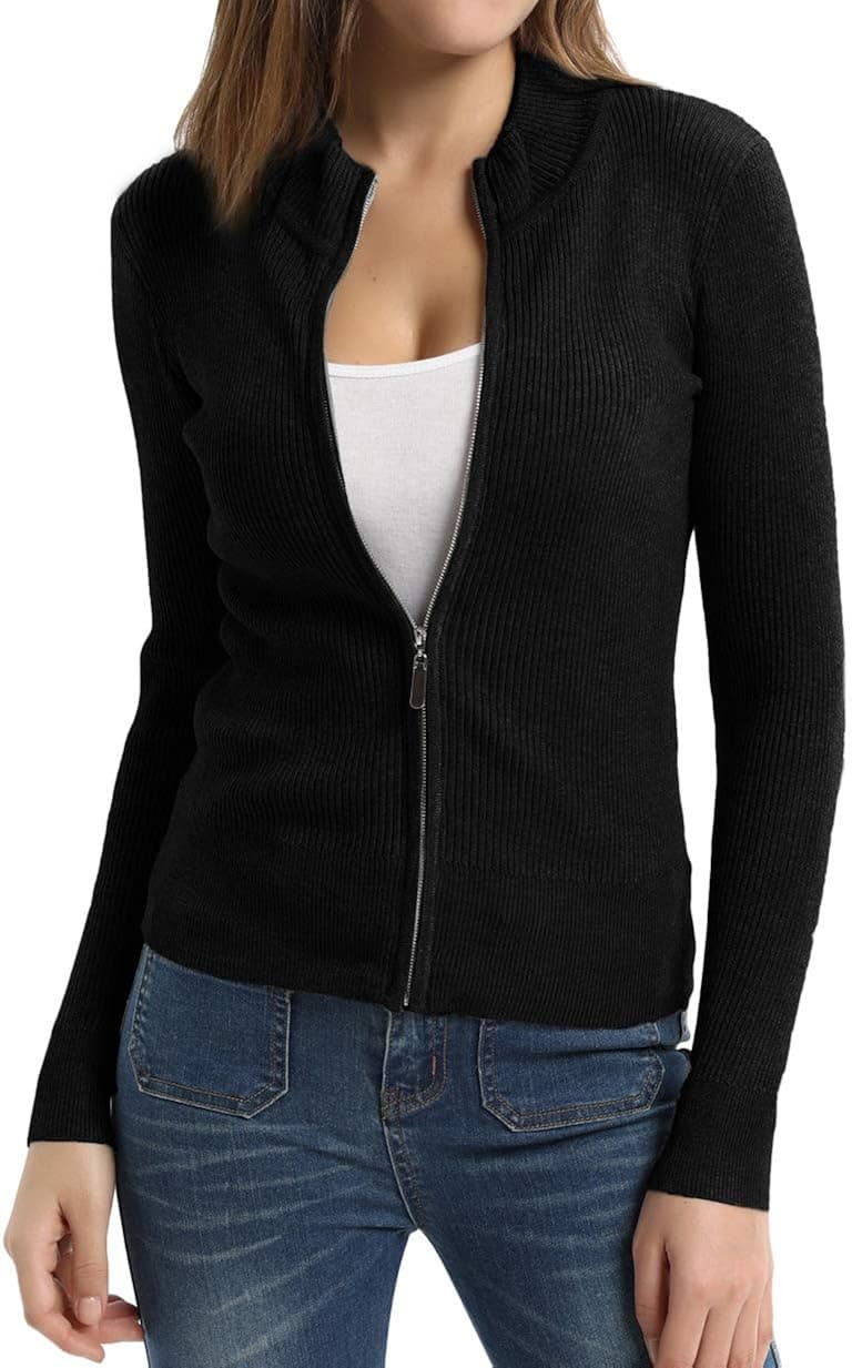 CURLBIUTY Women Knit Zipper Cardigan Sweater Casual Long Sleeve Jacket Black M