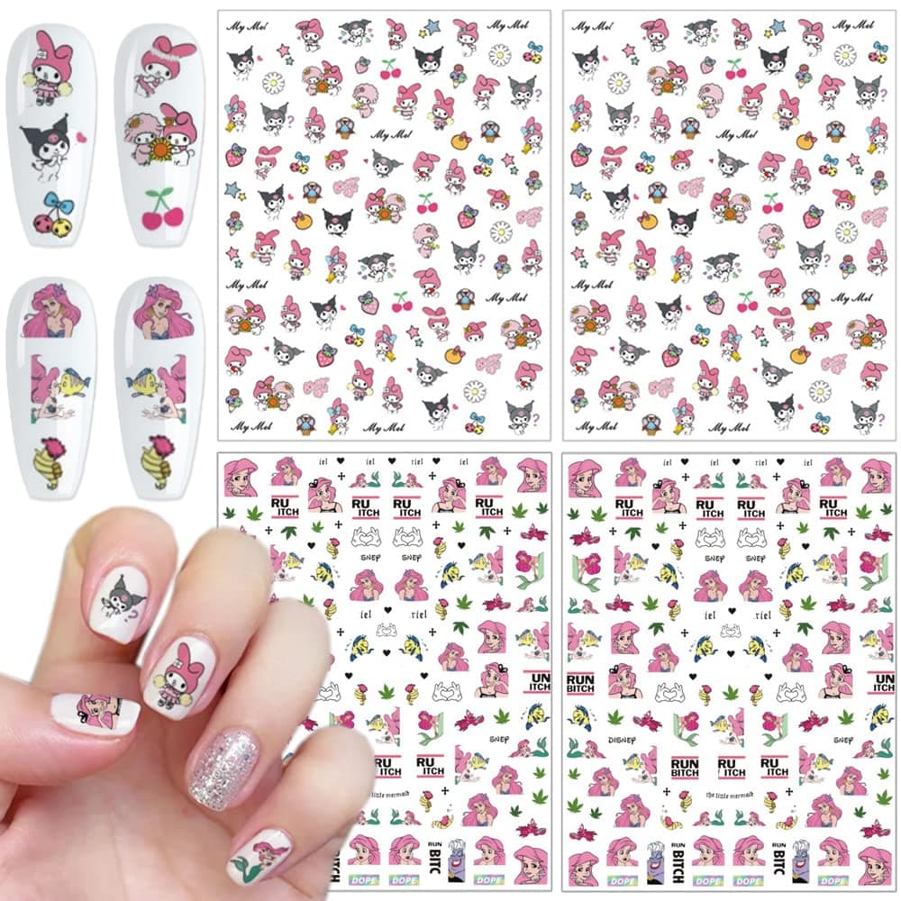 4 Sheets Cartoon Nail Art Stickers Self-Adhesive Nail Art Supplies Nail Decals 3D Anime Nail Design Charms Cute Nail Stickers for Women DIY Nail Decorations Manicure Tips